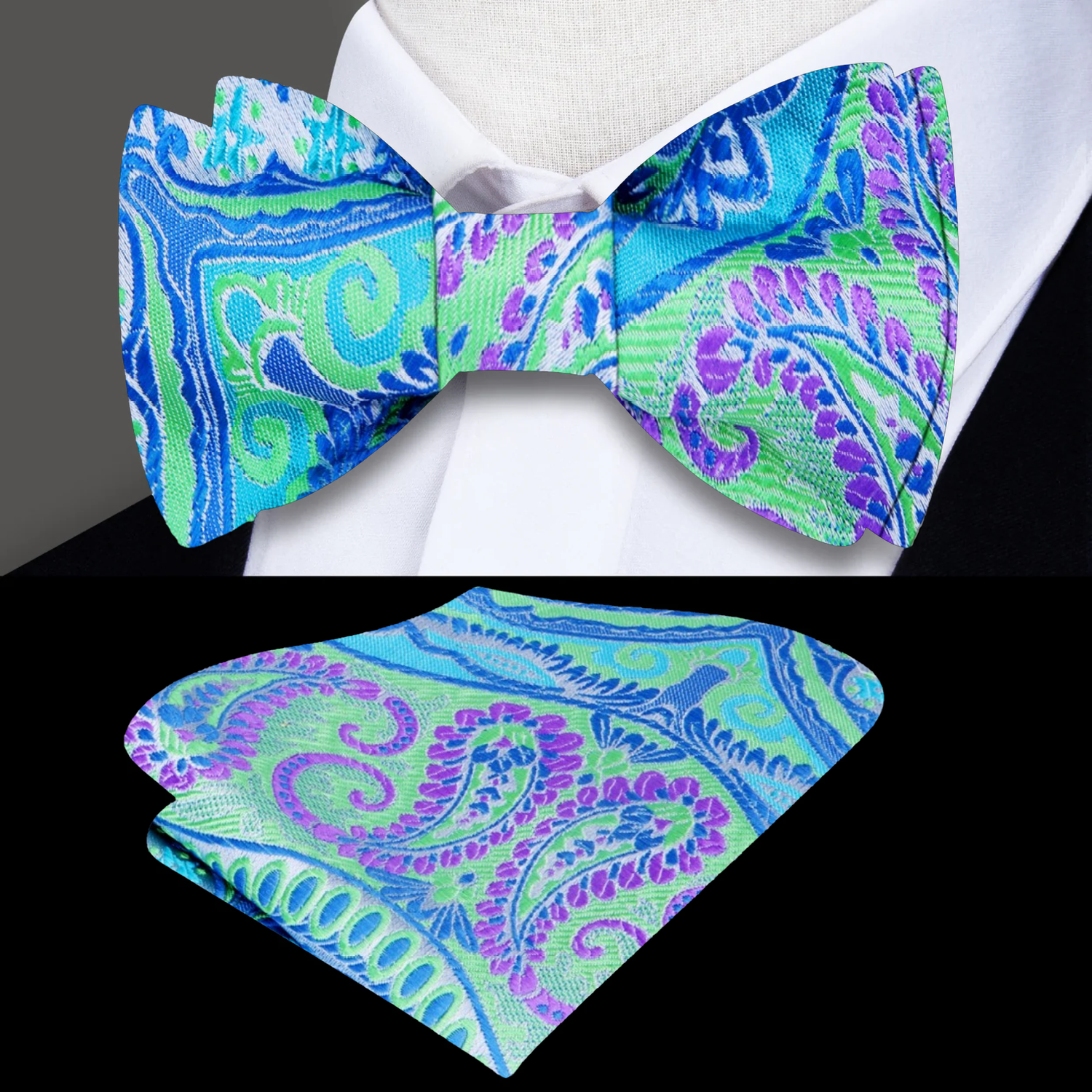 A Green, Blue And Purple Paisley Pattern Silk Self Tie Bow Tie With Matching Pocket Square