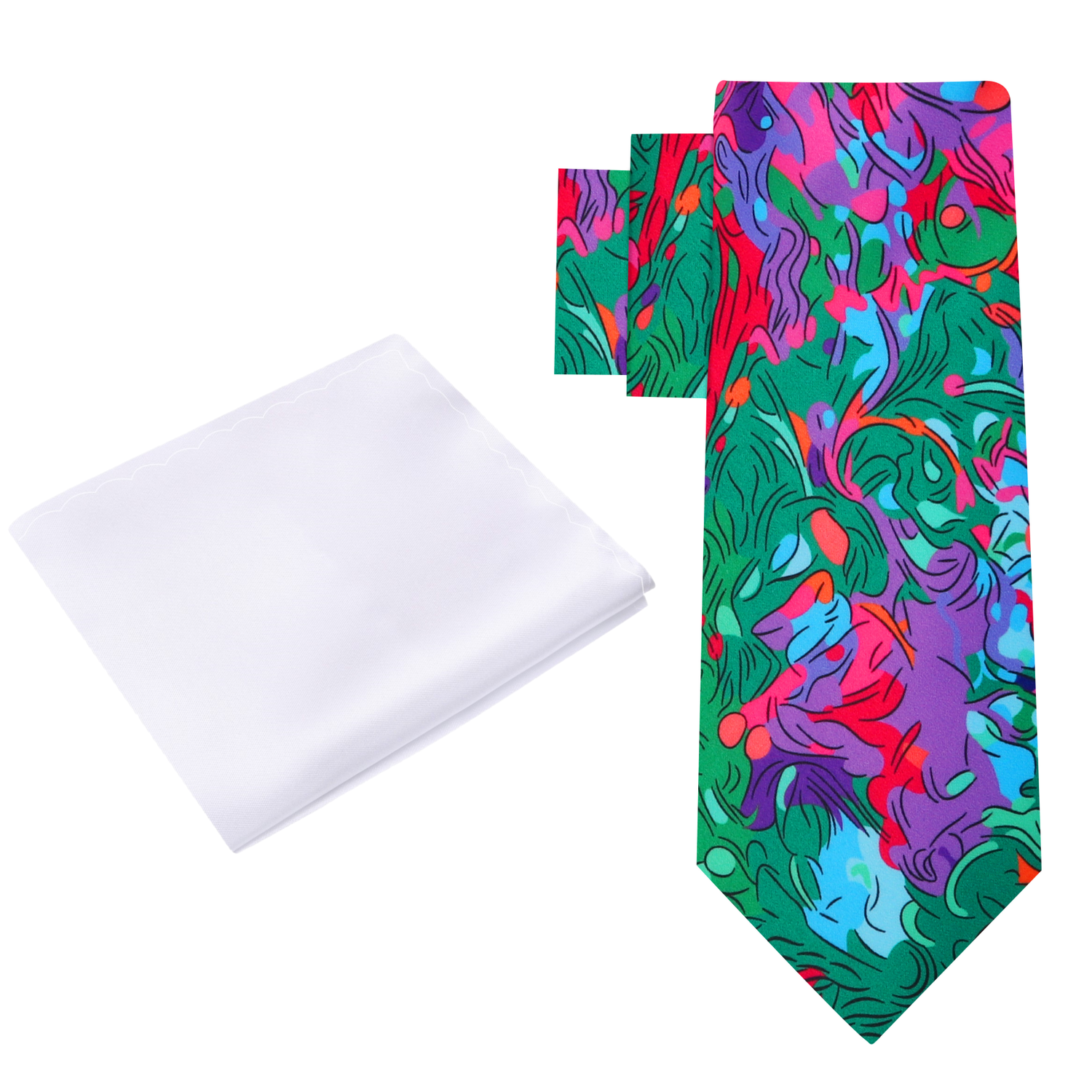 Alt View; Green, Blue, Purple Red Abstract Necktie and White Square