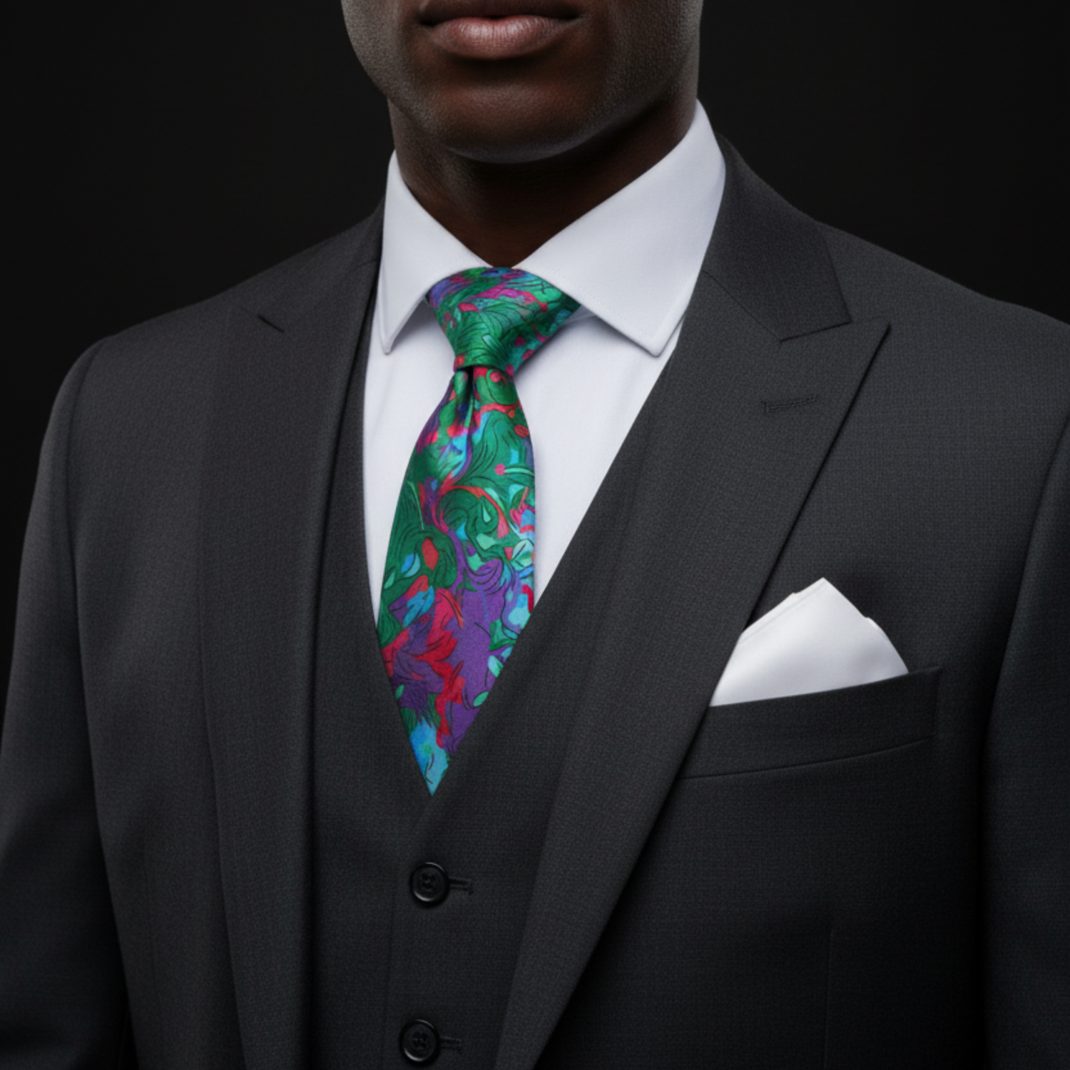 A close-up of a man wearing a dark gray three-piece suit, white dress shirt, and a vibrant, multicolored paisley patterned necktie with a white pocket square, set against a solid black background.