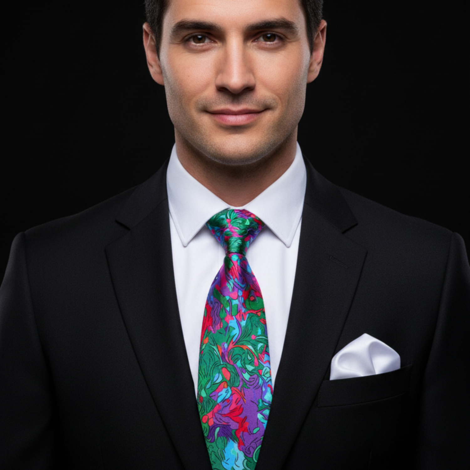 Man wearing a black suit with a colorful tie and white pocket square on a black background