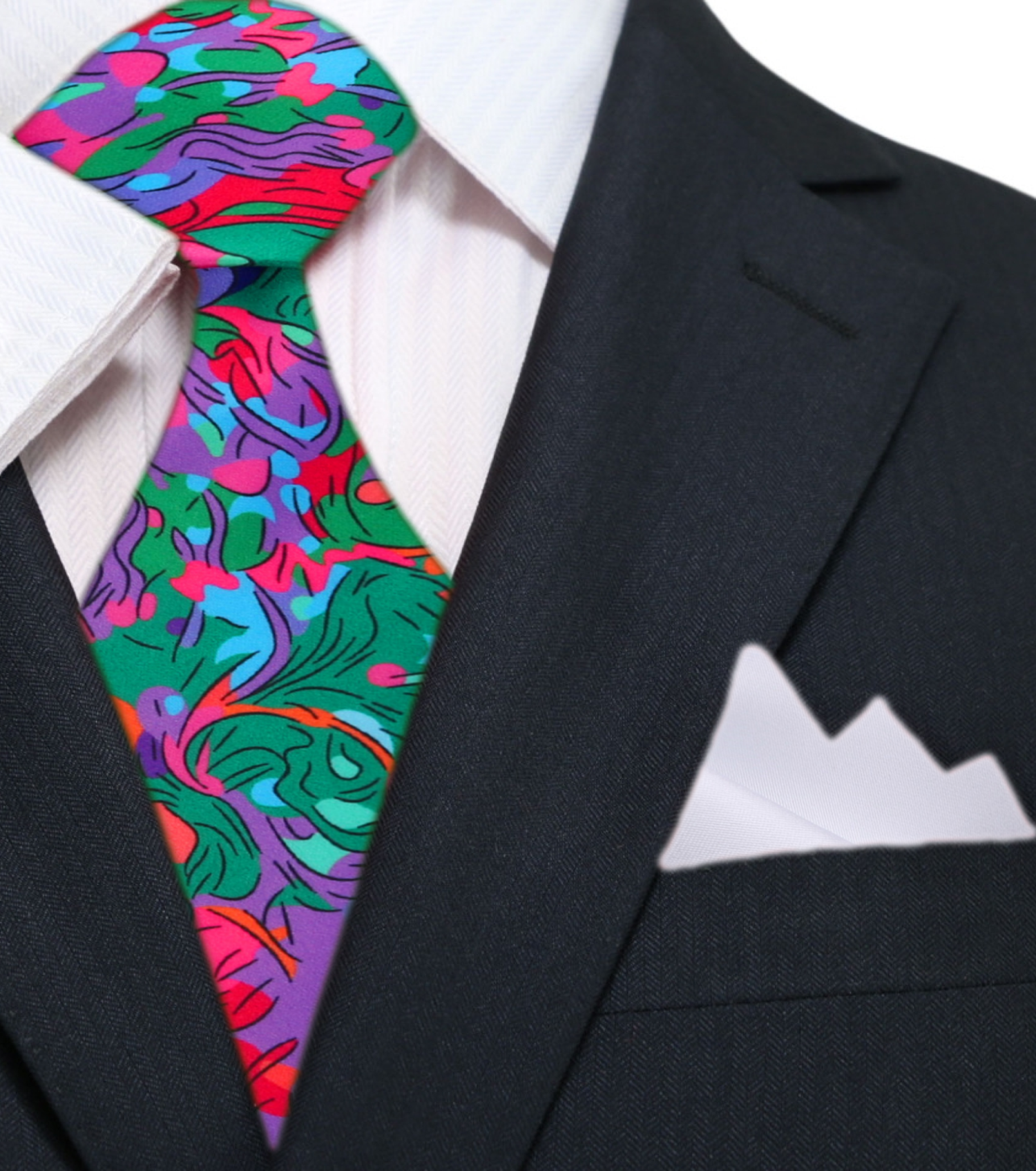 Green, Blue, Purple Red Abstract Necktie and White Square