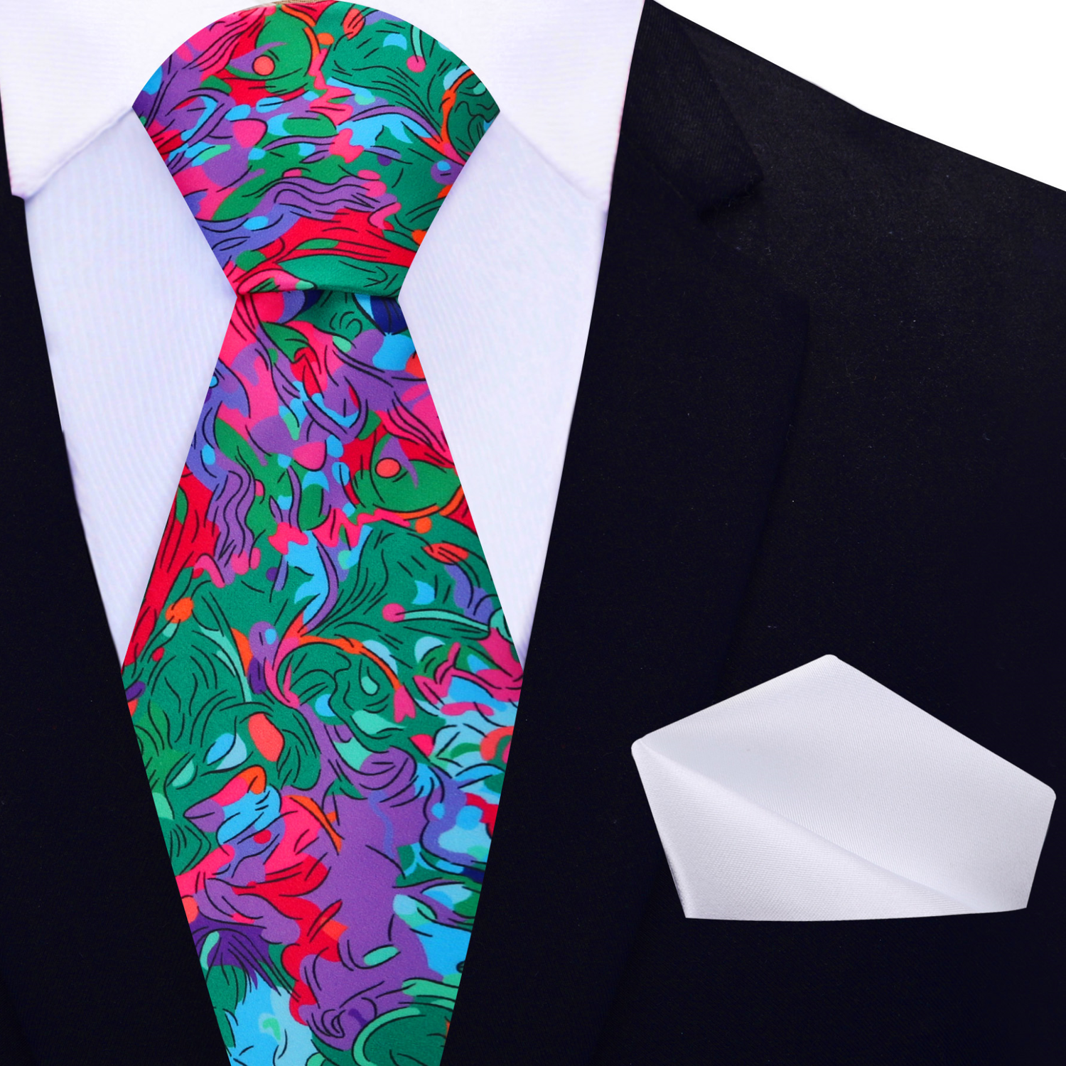 View 2: Green, Blue, Purple Red Abstract Necktie and White Square