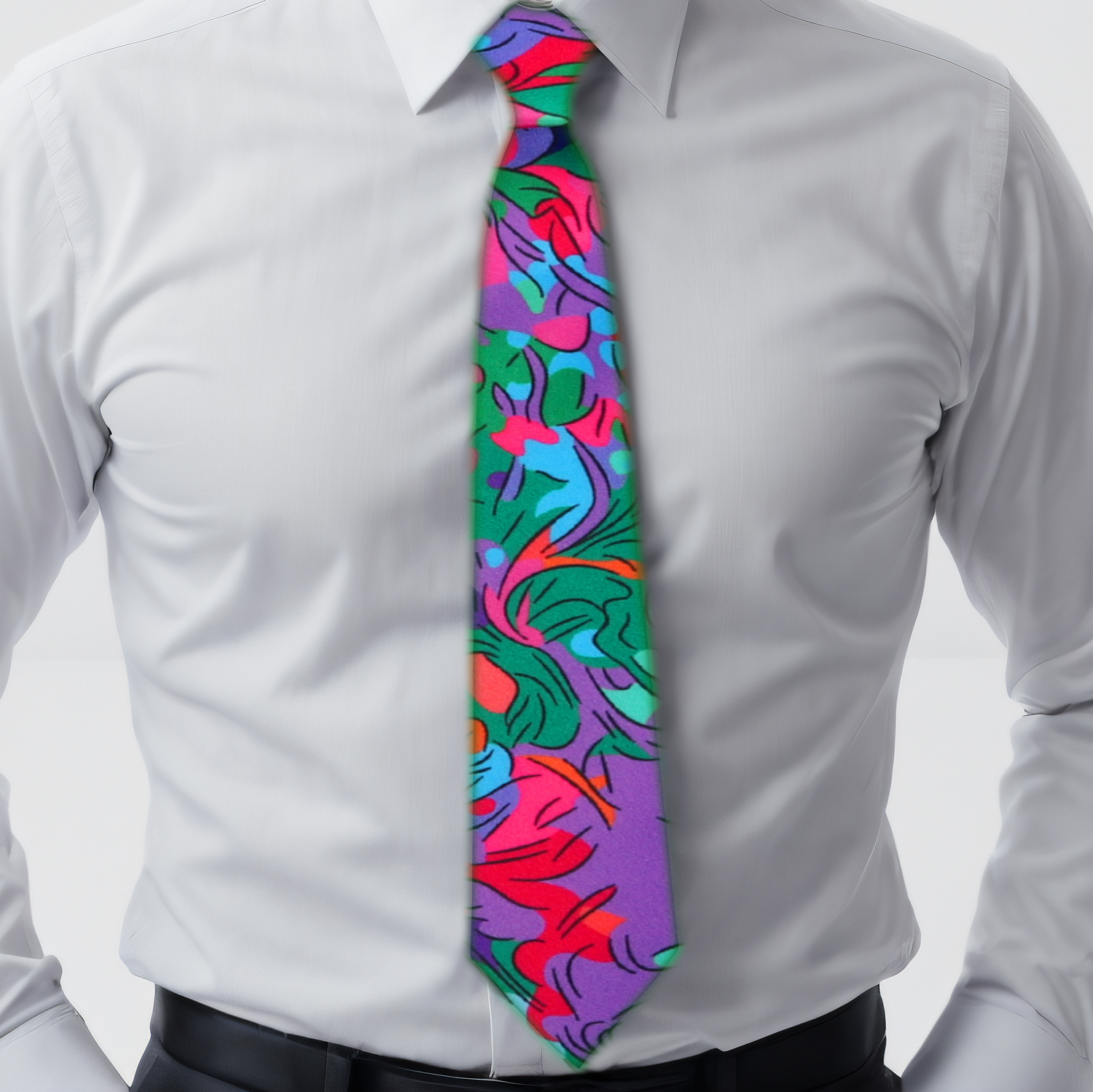 Green, Blue, Purple Red Abstract Necktie on White Shirt