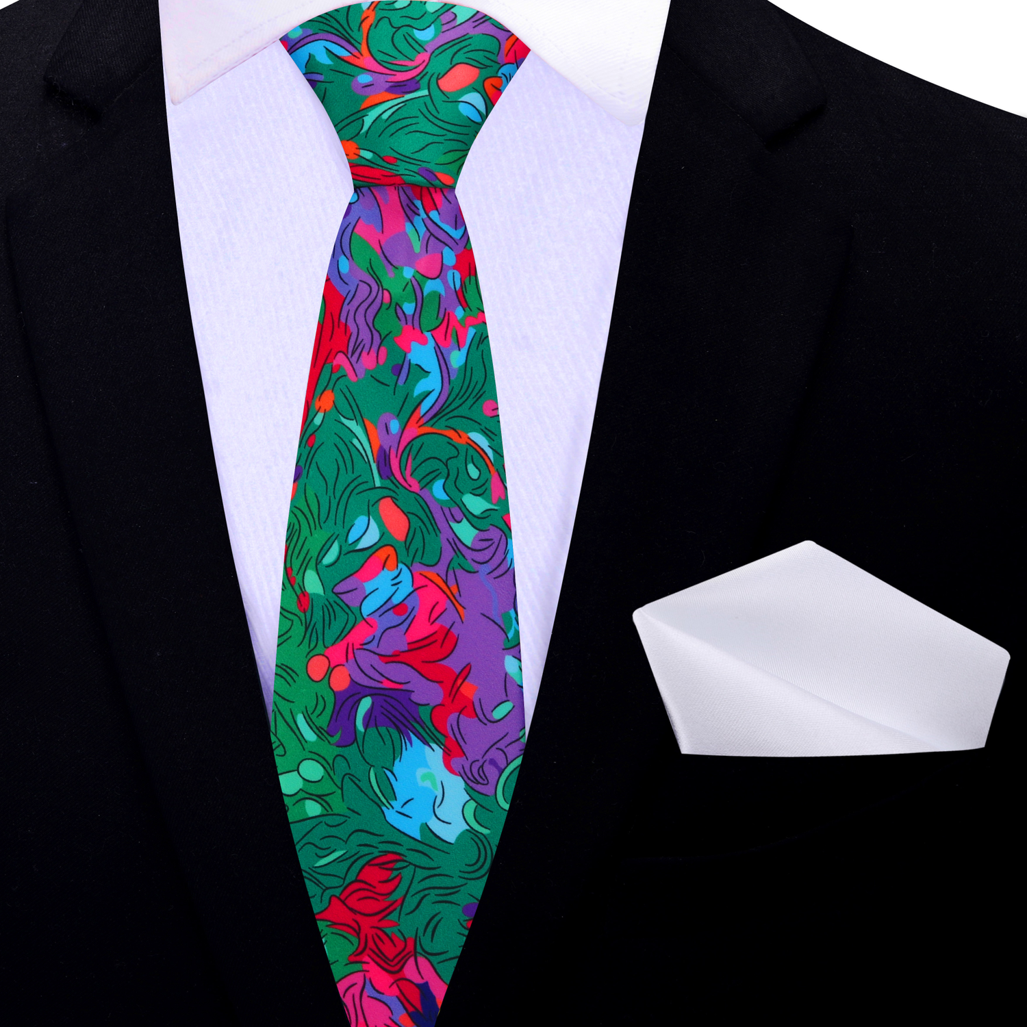 Thin Tie Green, Blue, Purple Red Abstract Necktie and White Square