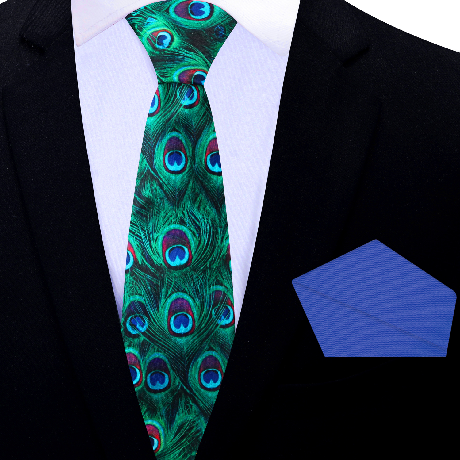 Thin Tie: Green, Blue, Red Peacock Feather Tie and Blue Square