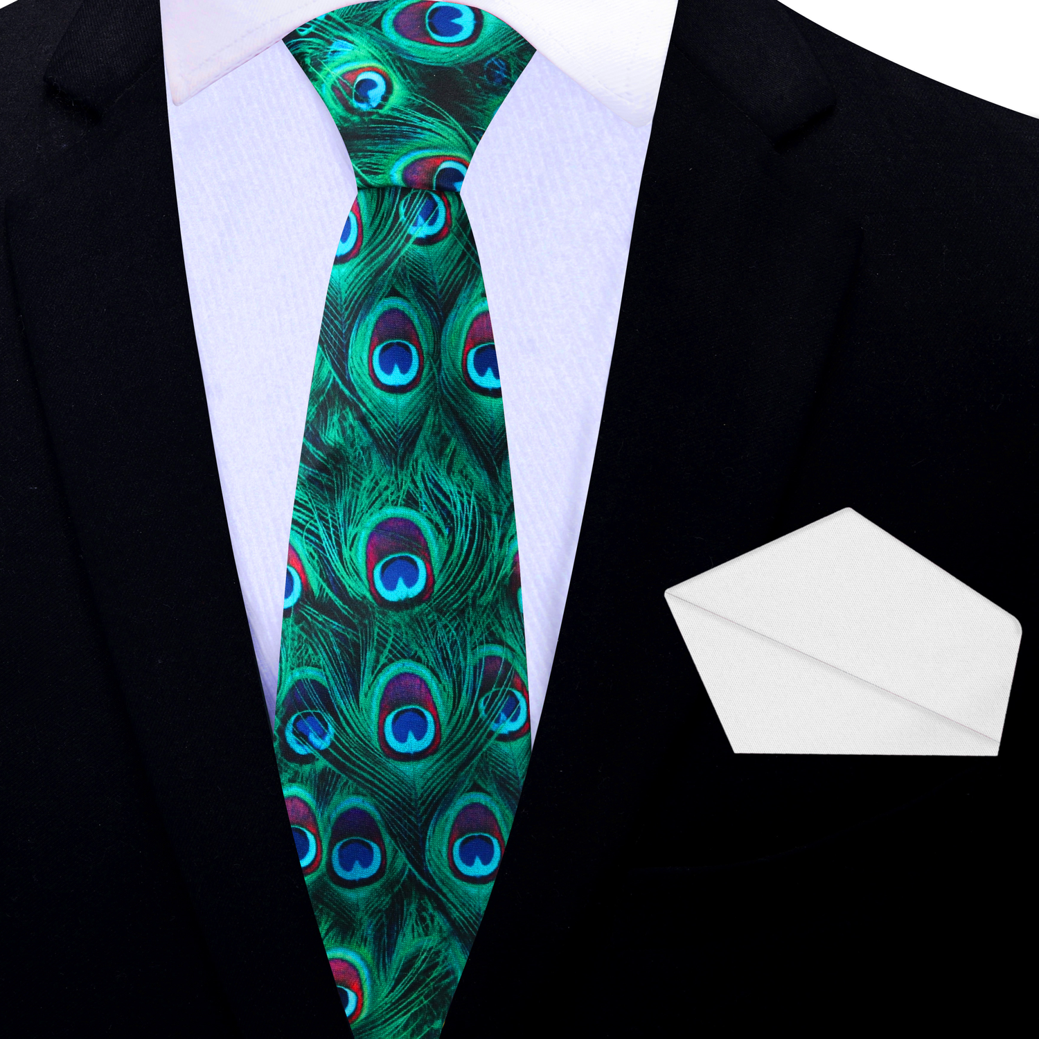 Thin Tie: Green, Blue, Red Peacock Feather Tie and White Square