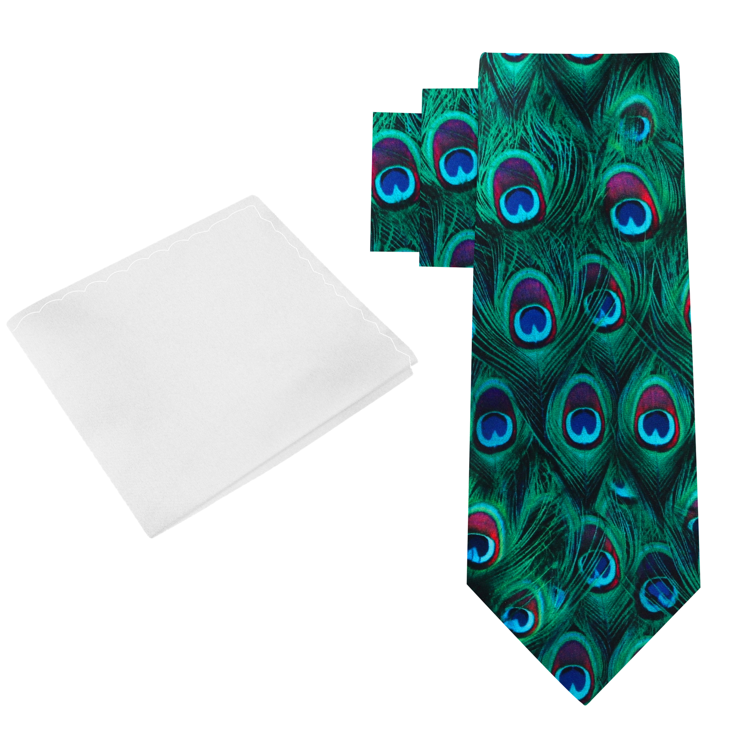 Alt View: Green, Blue, Red Peacock Feather Tie and White Square