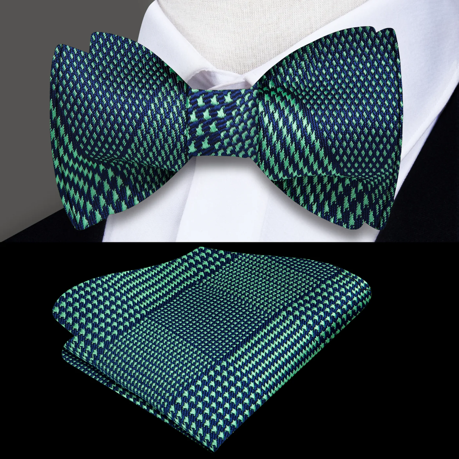 Main: Green Geometric Bow Tie and Pocket Square||Tournament Green