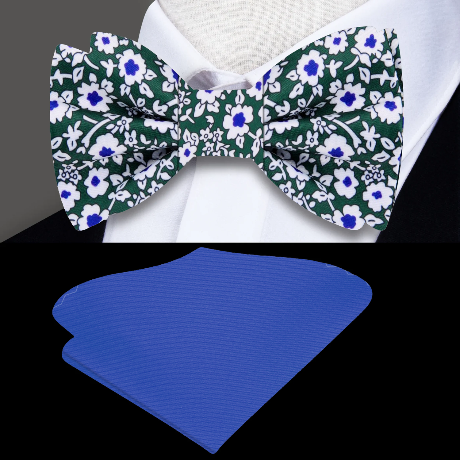 Green, White, Blue Small Flowers Bow Tie and Blue Square