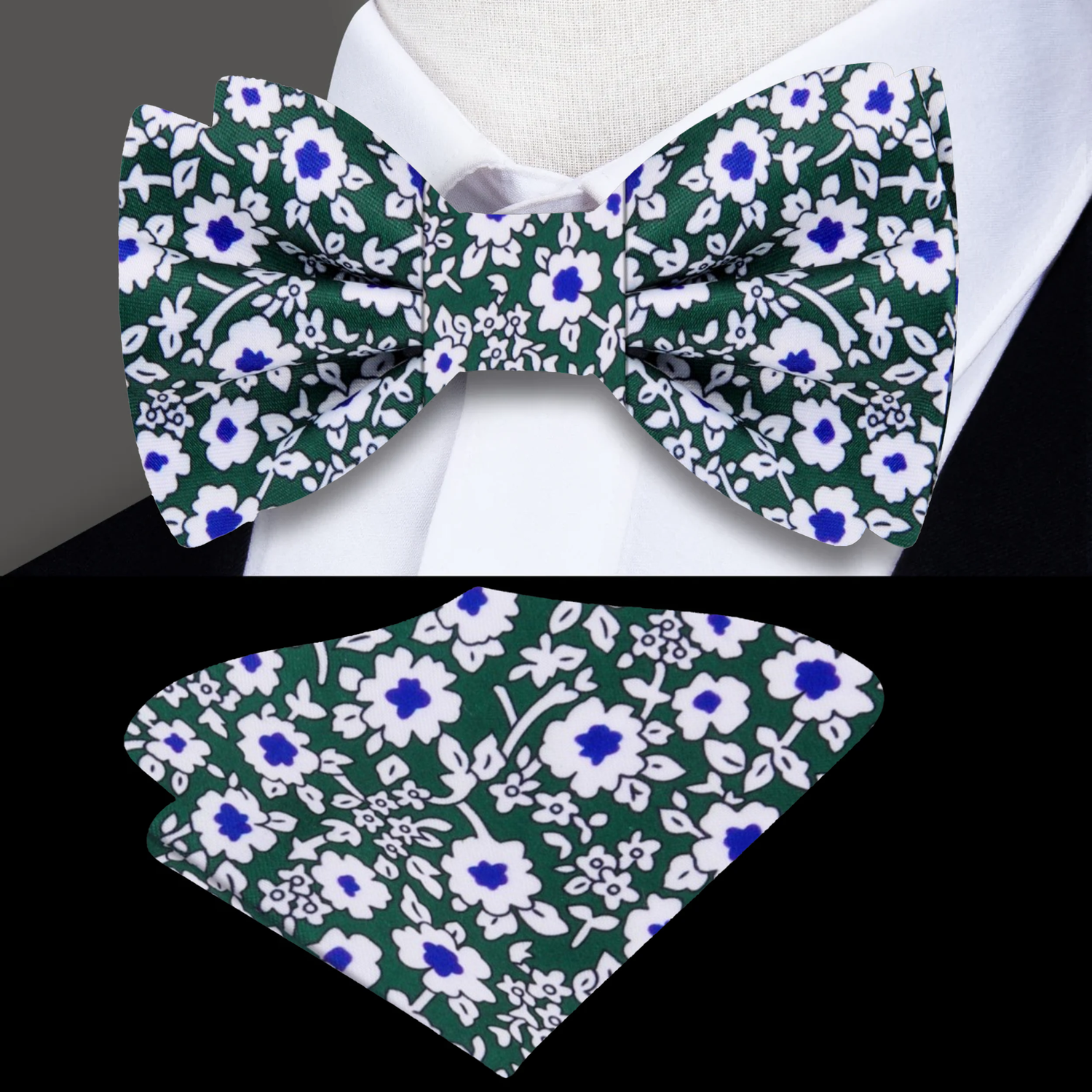 Green, White, Blue Small Flowers Bow Tie and Matching Square