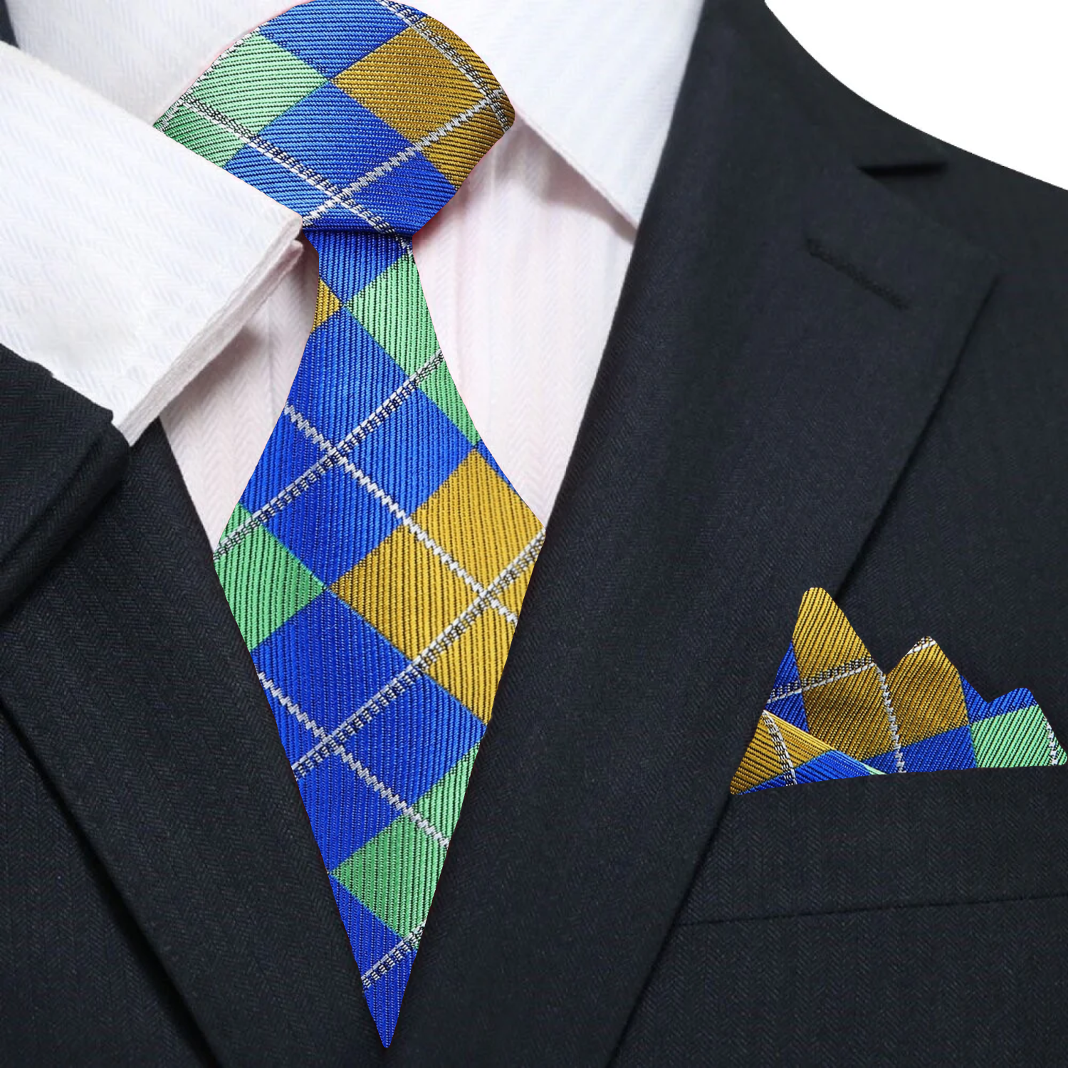 Premium A Green, Blue, Yellow Geometric Argyle Pattern Silk Necktie, Matching Pocket Square