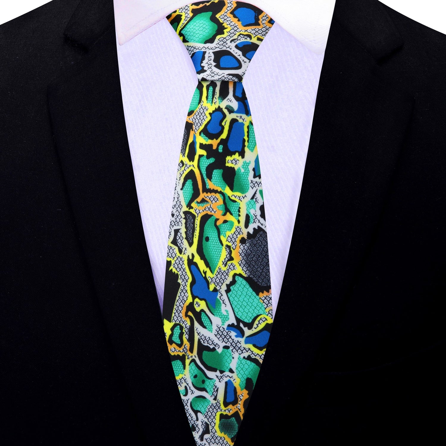 Thin Tie: Green, Yellow, Blue, Black, Grey Snakeskin Necktie