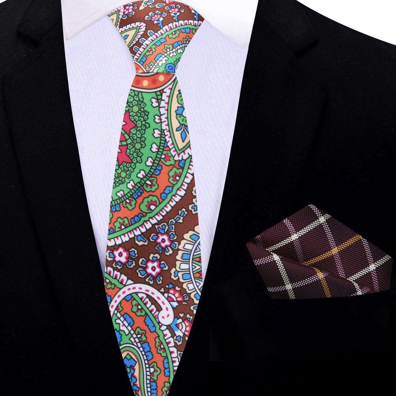 Thin Tie: Green, Brown, Blue, Red Paisley Abstract Tie and Accenting Brown Plaid Square