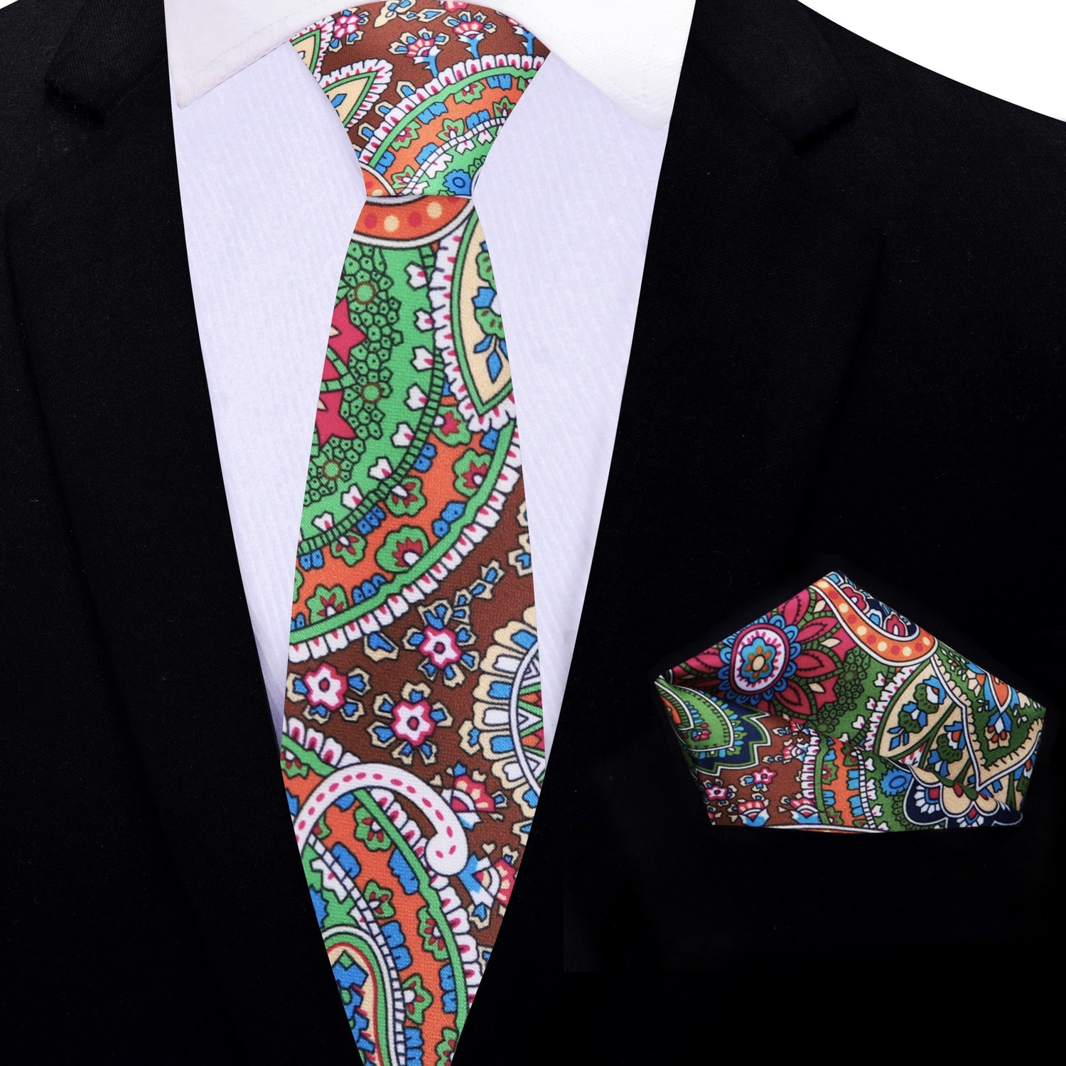 Thin Tie:  Green, Brown, Blue, Red Paisley Abstract Tie and Matching Square