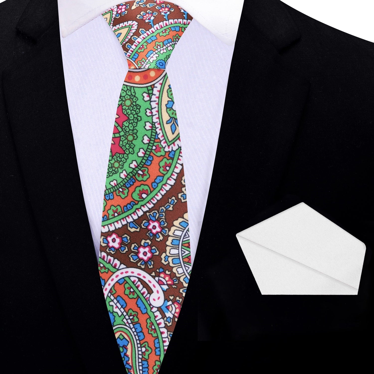 Thin Tie: Green, Brown, Blue, Red Paisley Abstract Tie and White Square