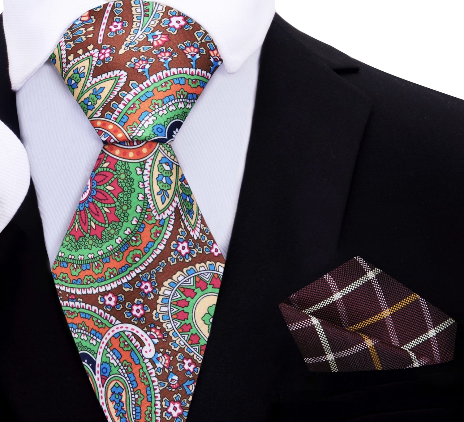Green, Brown, Blue, Red Paisley Abstract Tie and Accenting Brown Plaid Square
