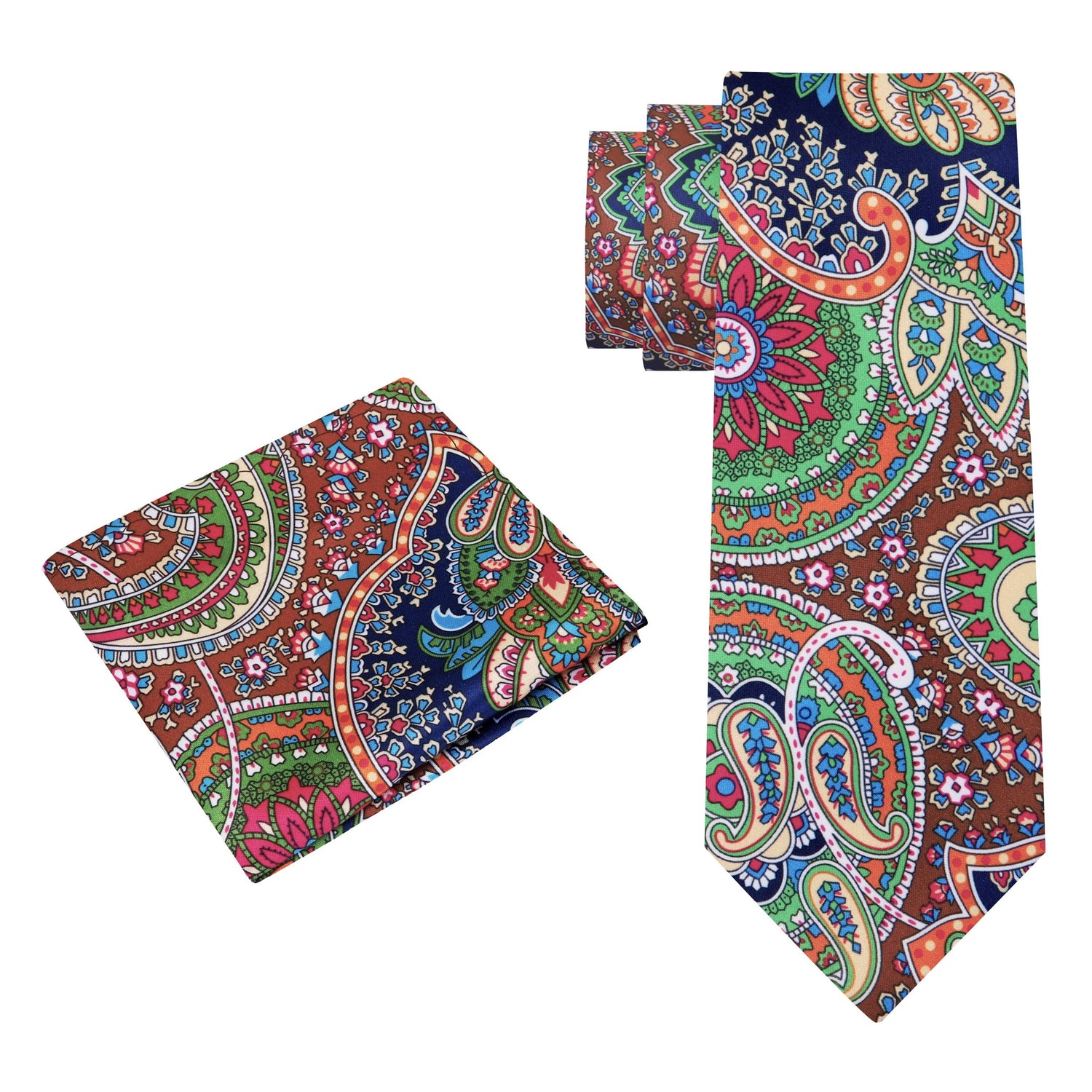 Alt View:  Green, Brown, Blue, Red Paisley Abstract Tie and Matching Square
