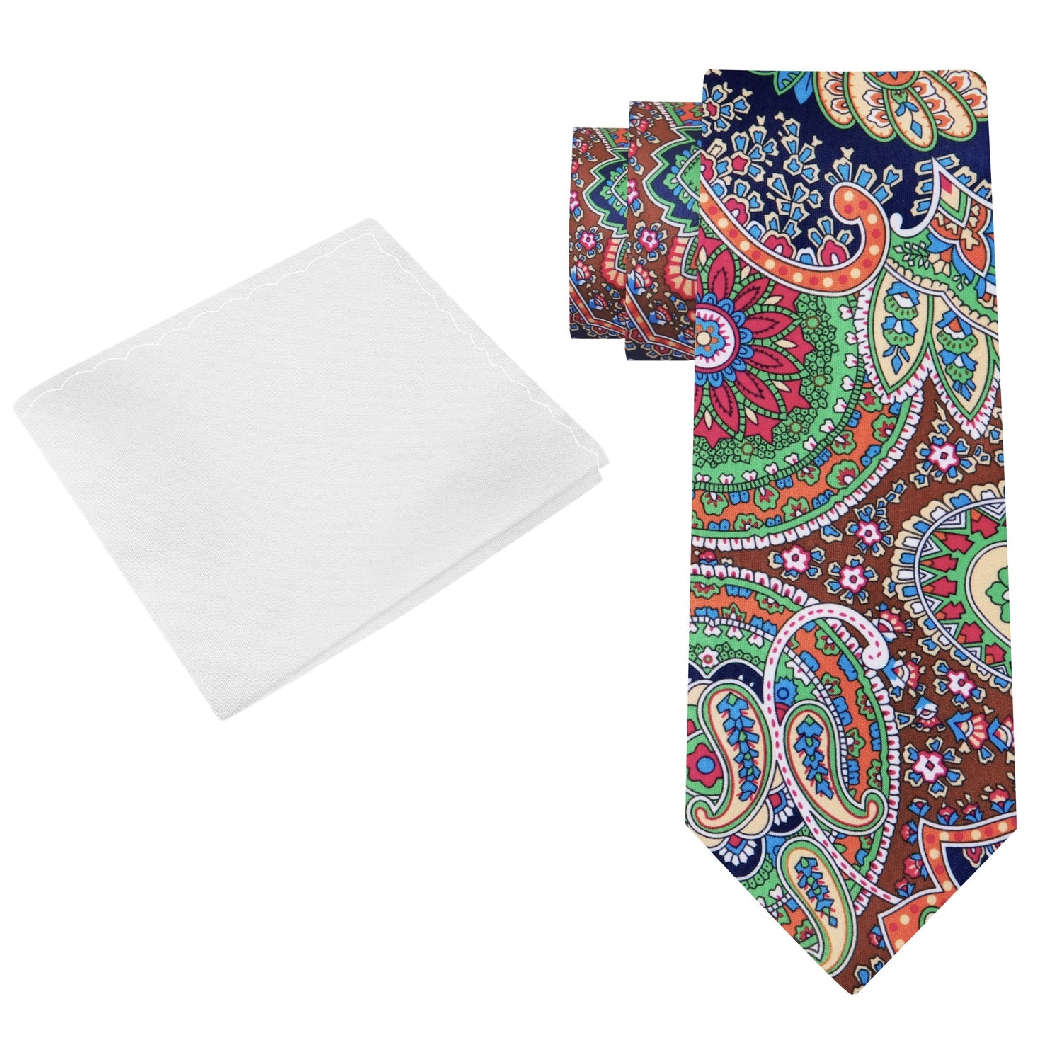 Alt View: Green, Brown, Blue, Red Paisley Abstract Tie and White Square