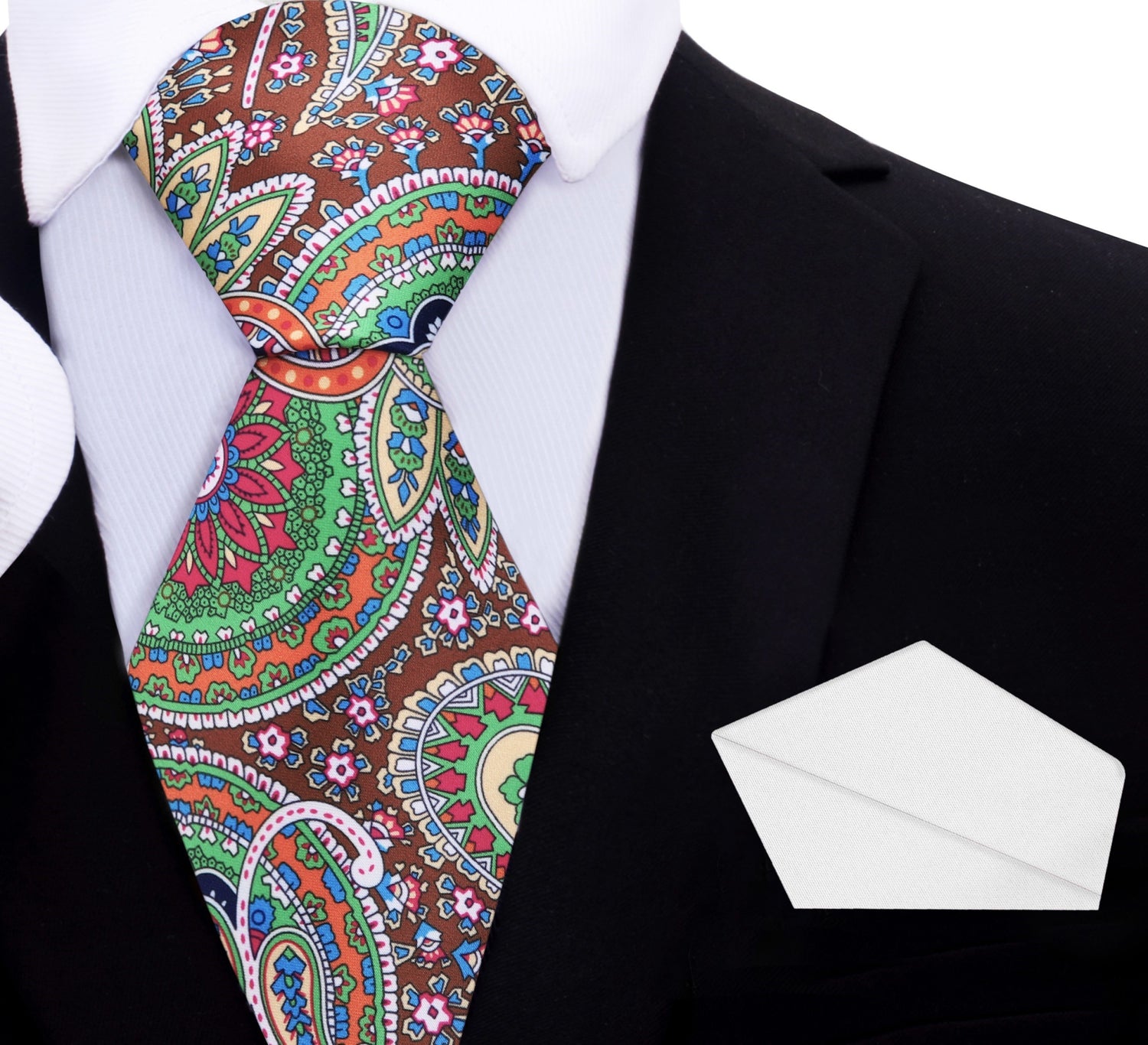 Green, Brown, Blue, Red Paisley Abstract Tie and White Square