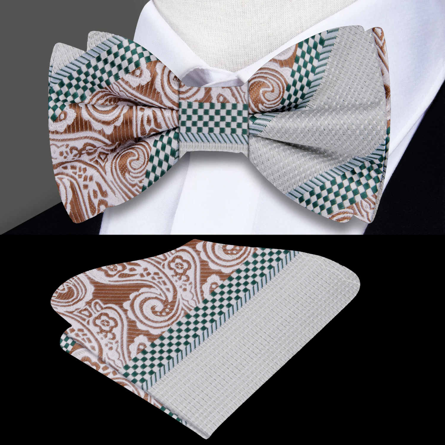 Green and Brown Paisley Check Bow Tie and Pocket Square||Green