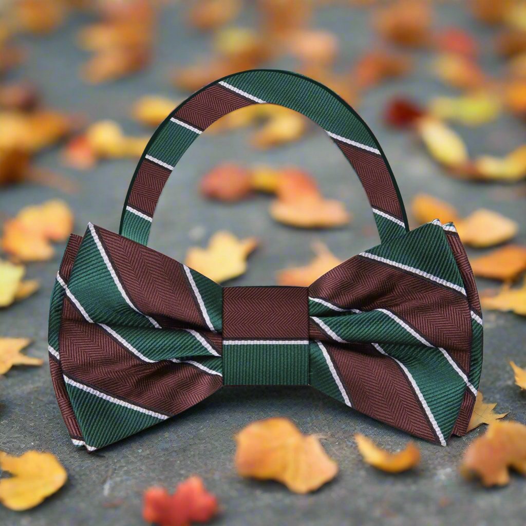 Pre Tied Brown, Green Block Stripe Bow Tie 