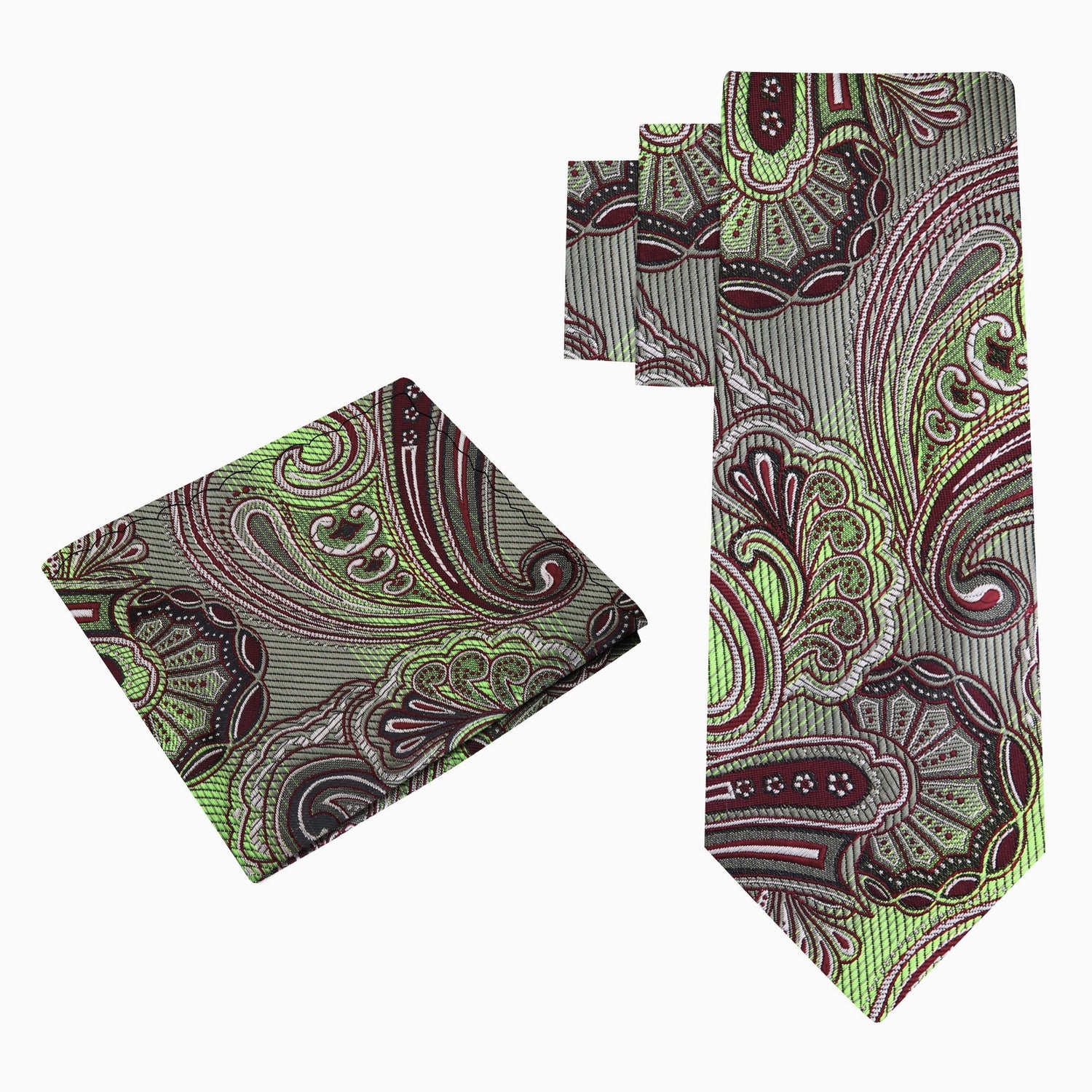 View 2: A Green, Burgundy Paisley Pattern Silk Necktie, Matching Silk Pocket Square