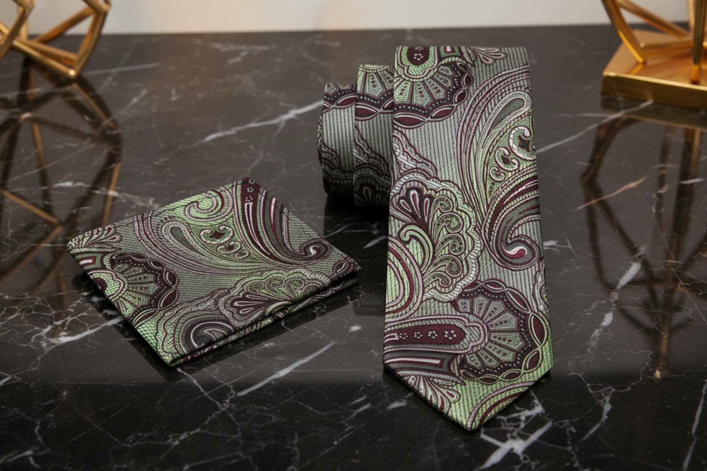 Grey, Pale Green & Burgundy Paisley Necktie | Rich Color, Artistic Fla