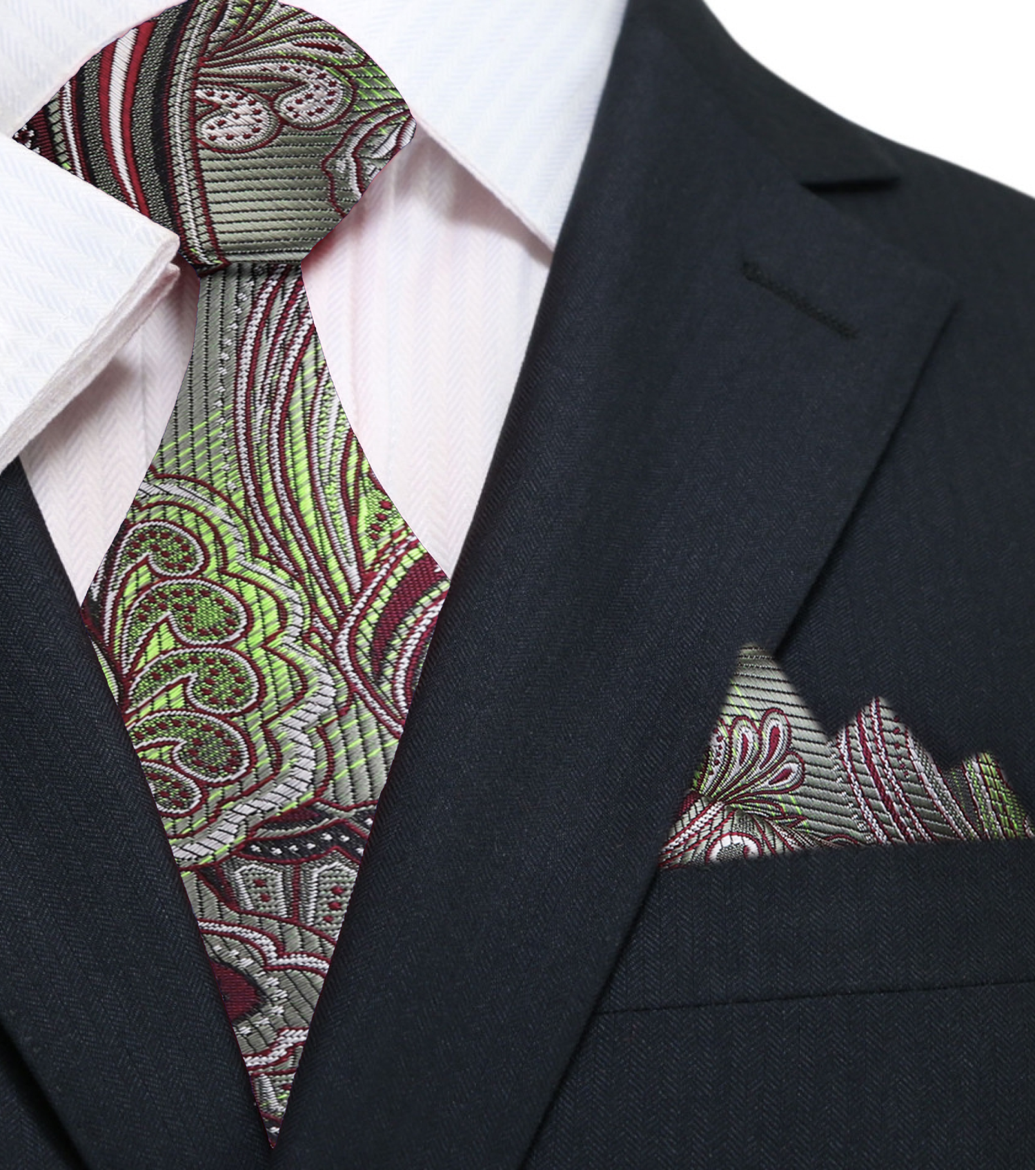 A Green, Burgundy Paisley Pattern Silk Necktie, Matching Silk Pocket Square