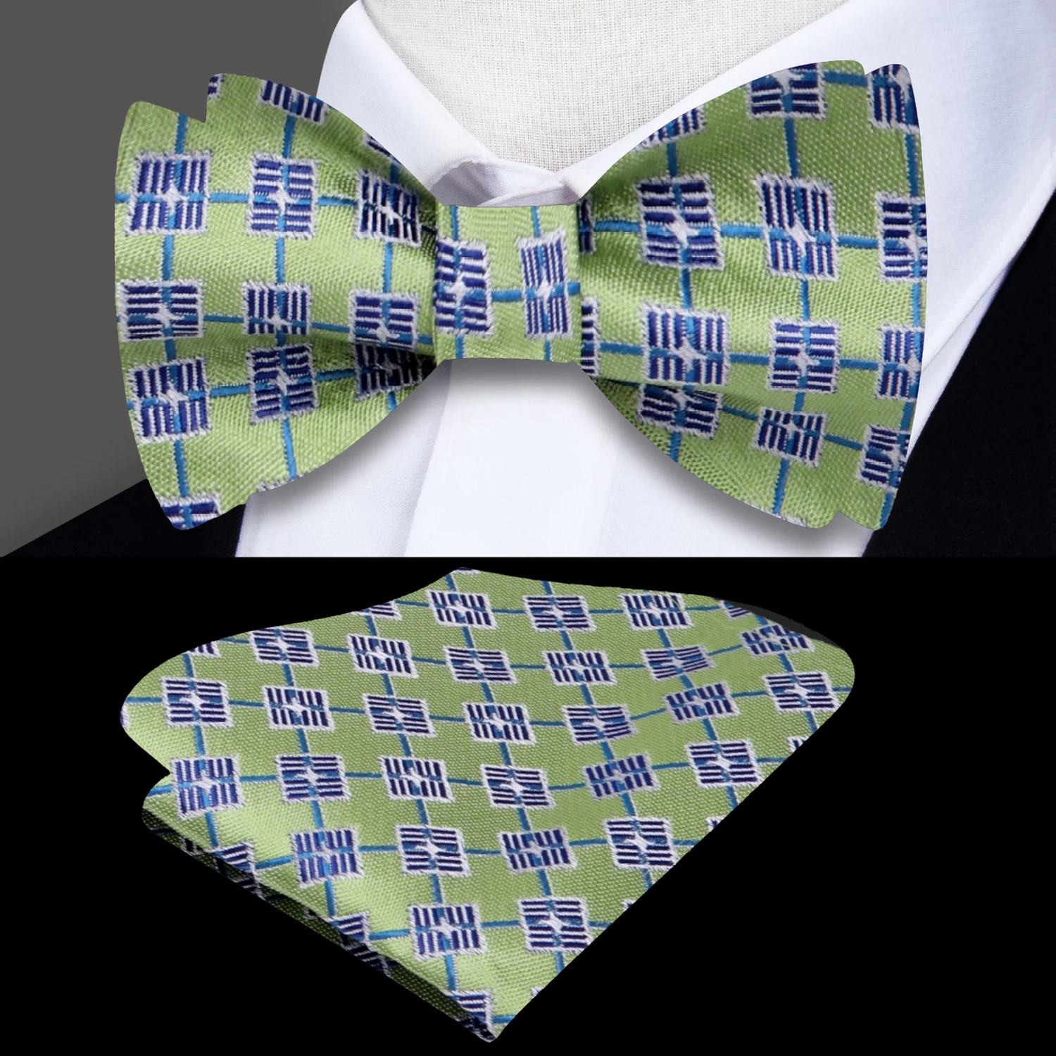 Green Blue Geometric Campbell Bow Tie and Pocket Square