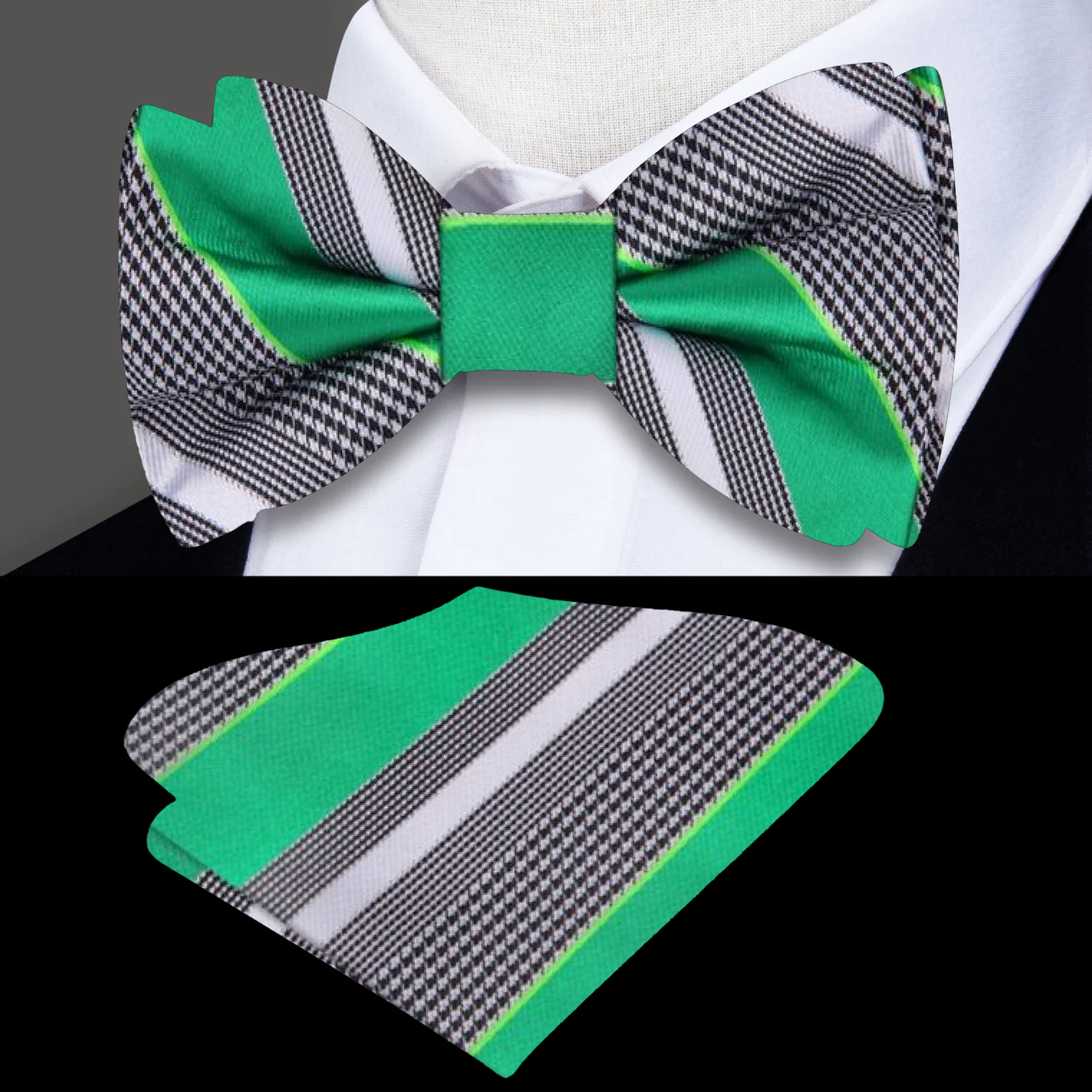 Green, Grey, White Stripe Bow Tie and Pocket Square||Green