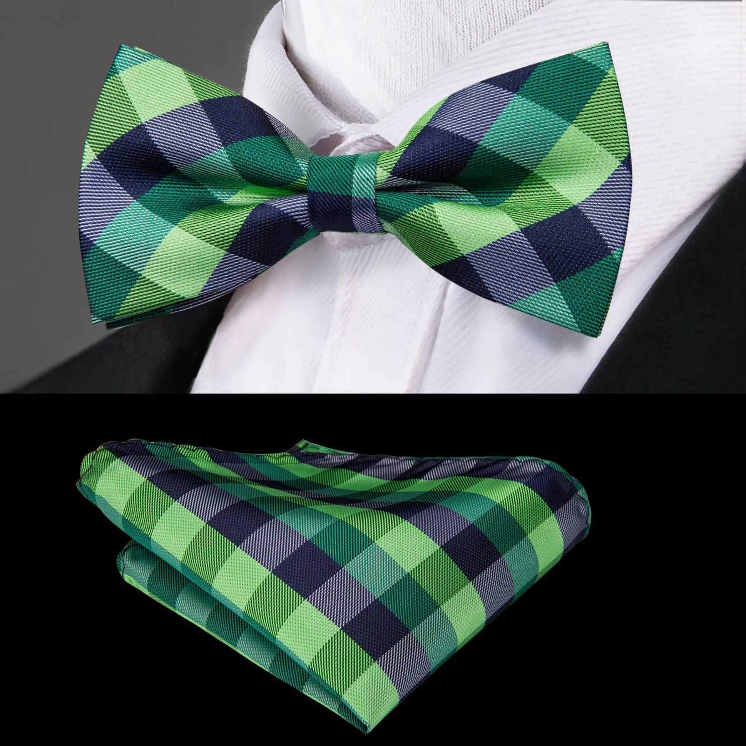 Green Check Bow Tie and Pocket Square