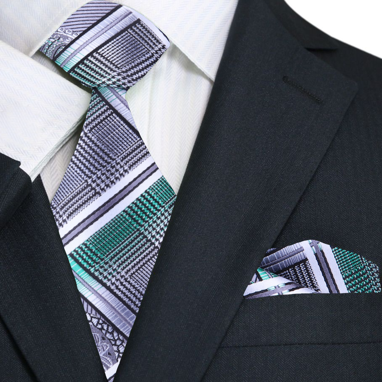 A Green, Black, White, Grey Paisley Self Tie Necktie and Square