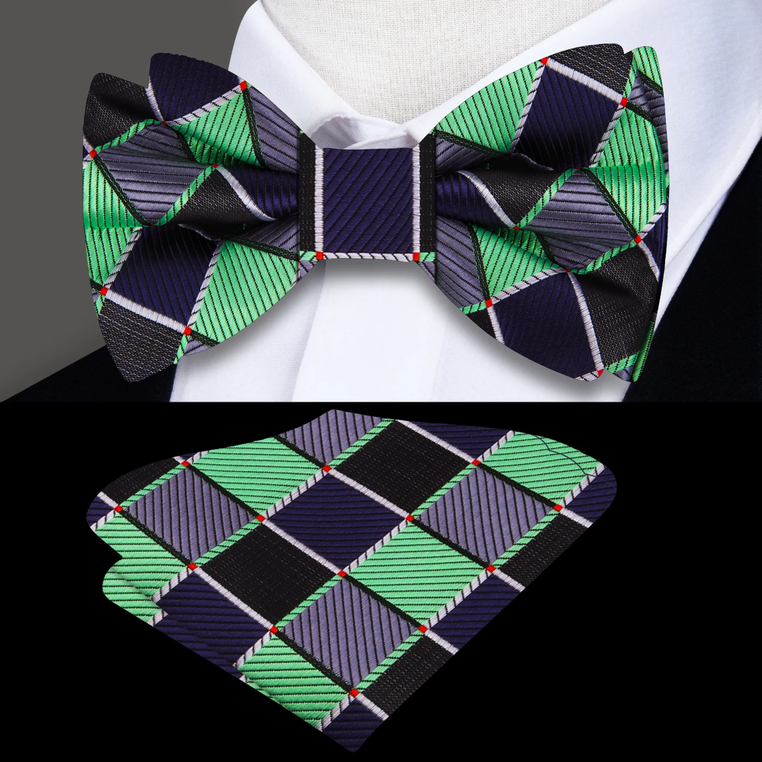 Green, Grey Geometric Bow Tie and Pocket Square||Green