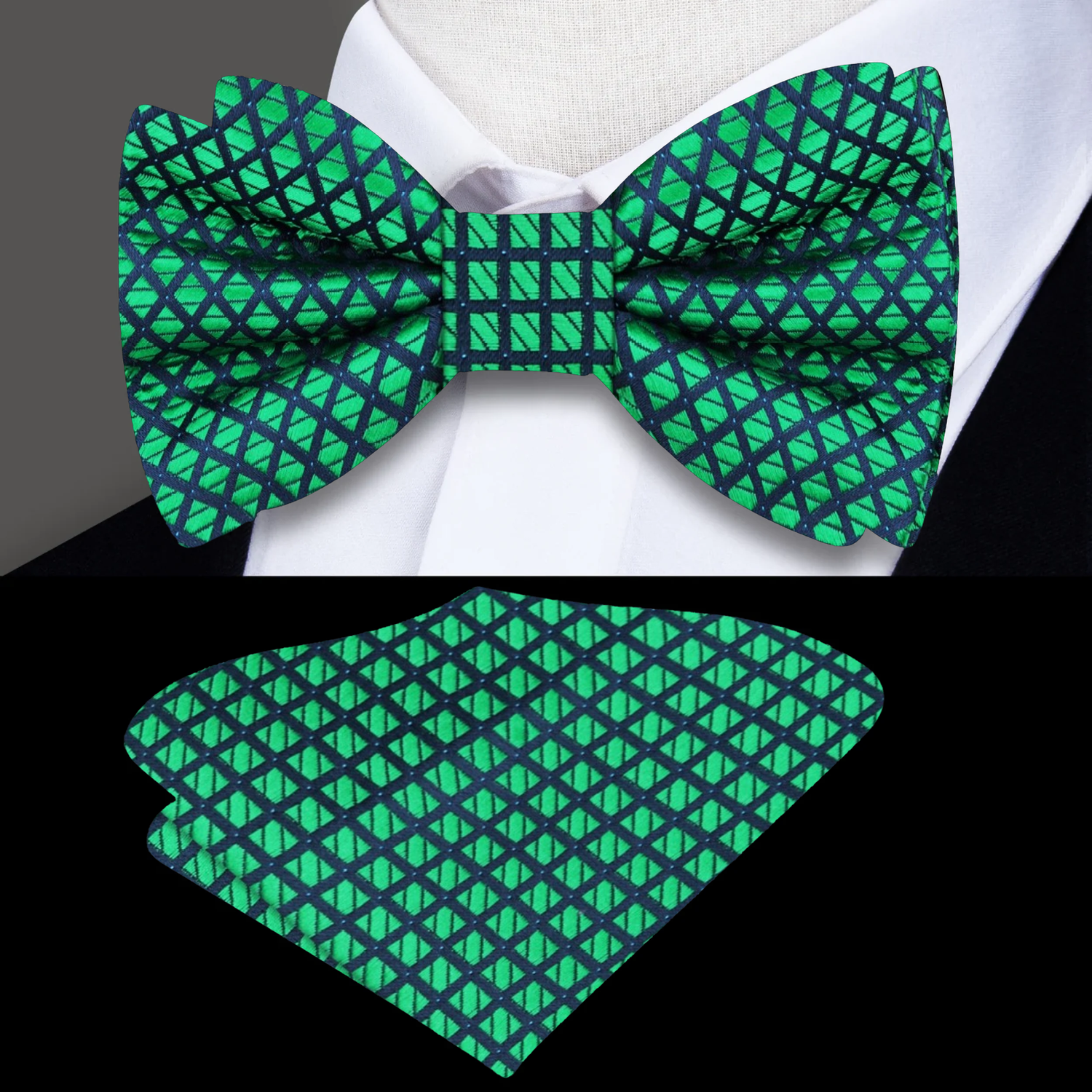 Main View: A Green, Black Geometric Check Pattern Silk Bow Tie, Matching Pocket Square