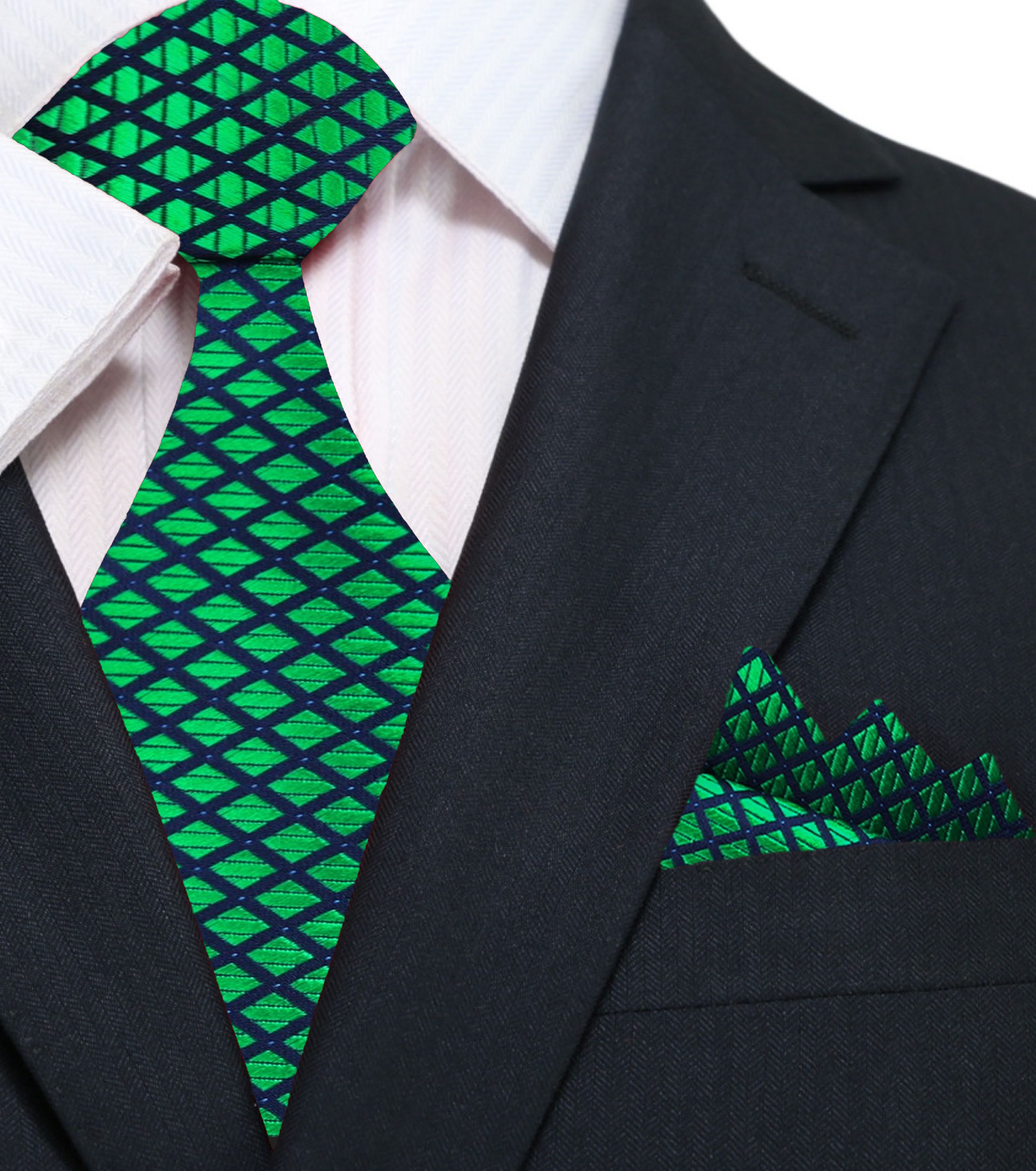 A Green, Black Small Check Pattern Silk Necktie, Matching Pocket Square