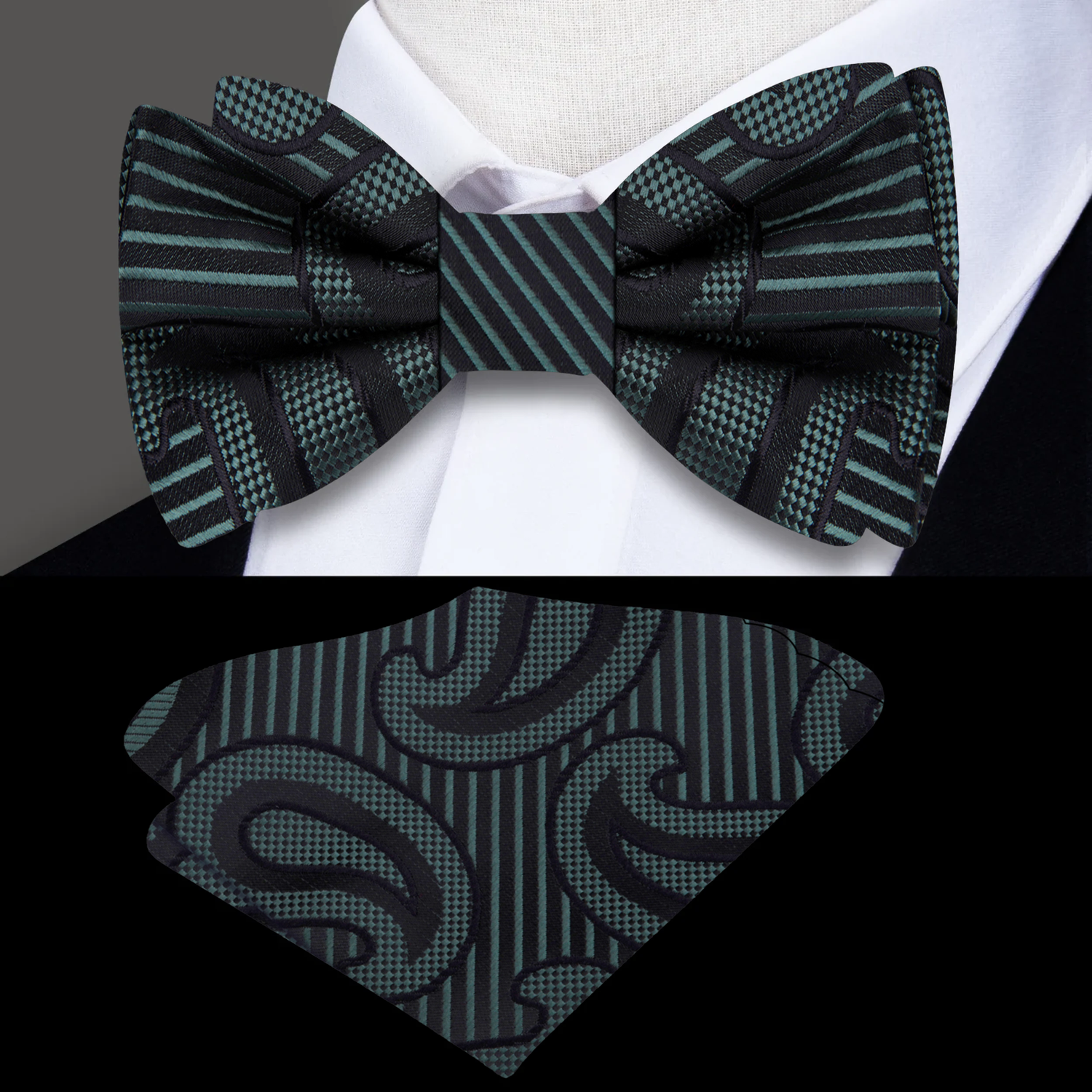 Green, Black Paisley Bow Tie and Pocket Square