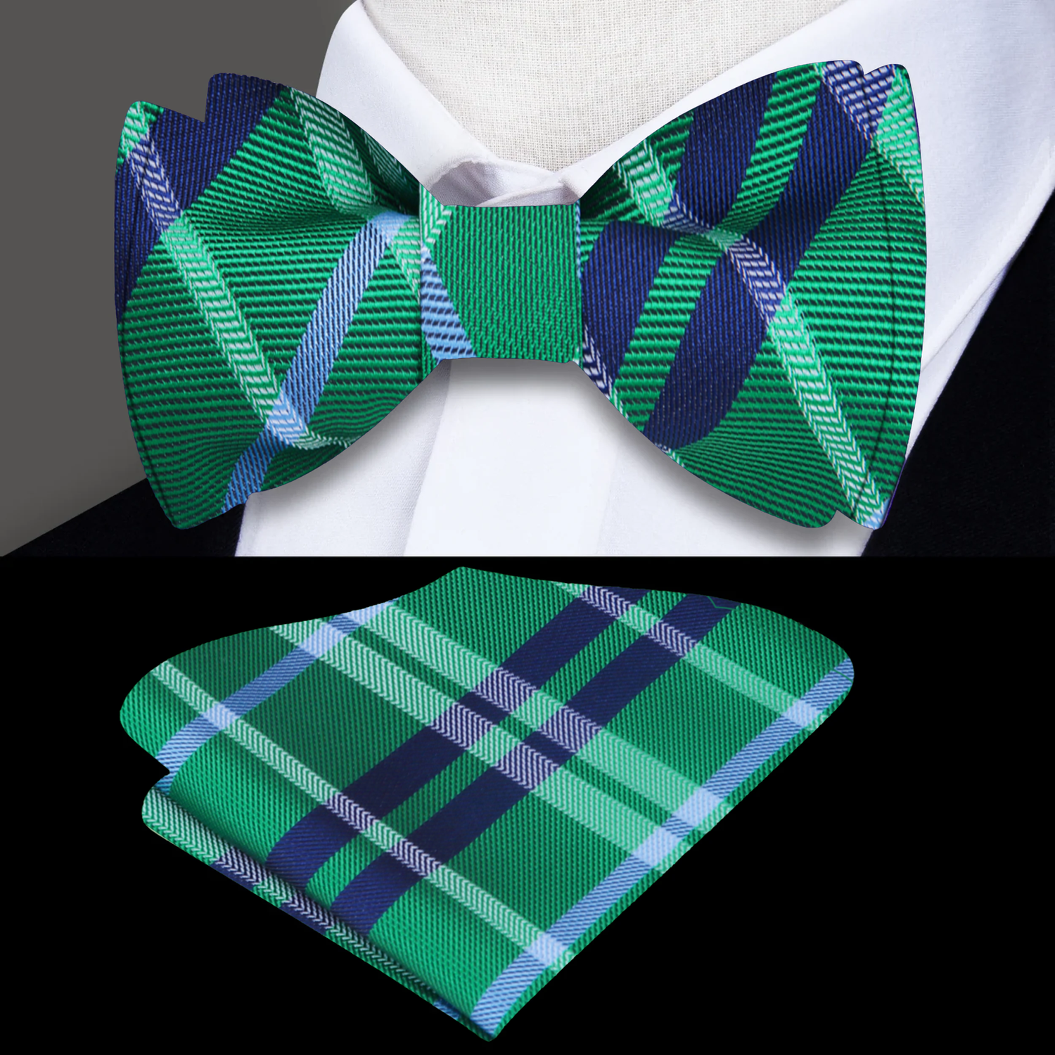 Green and blue plaid bow tie and pocket square set on a mannequin.