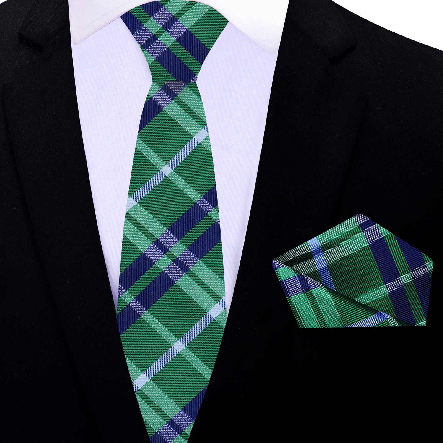 Thin Tie: Green and Blue Plaid Tie and Matching Square