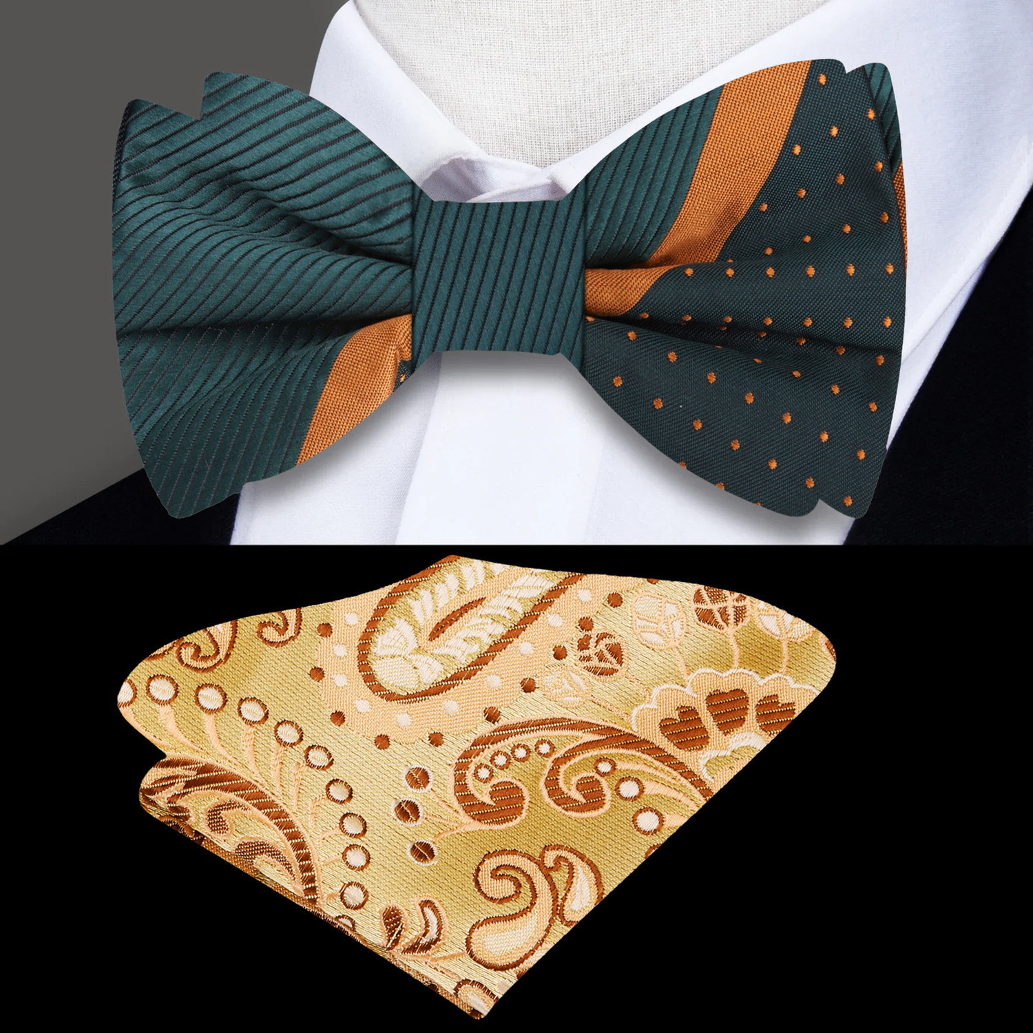 Green, Gold Stripe Bow Tie and Accenting Square