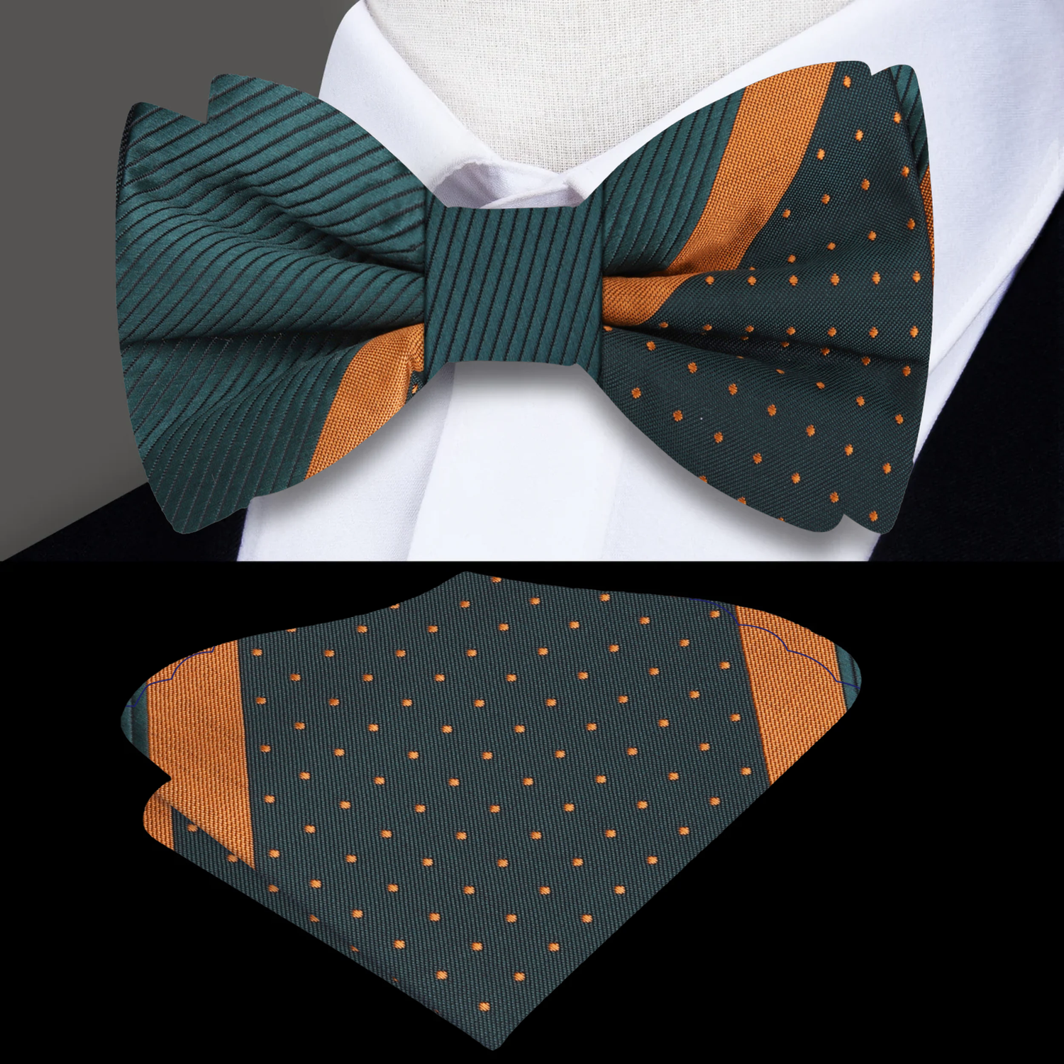 Green, Gold Stripe Bow Tie and Square