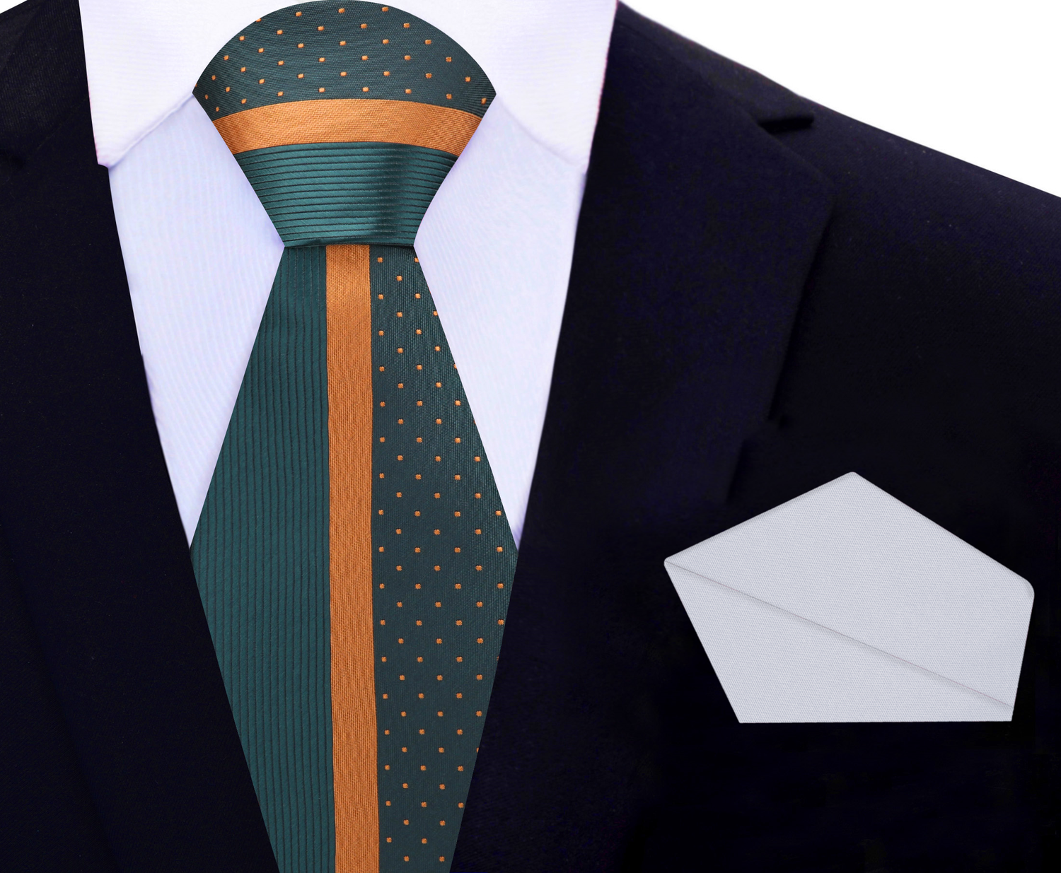 View 2: Deep Army Green, Gold Stripe Silk Necktie and Silver Pocket Square