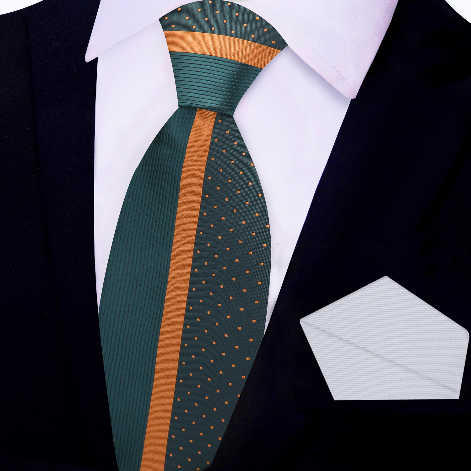Main View: Deep Army Green, Gold Stripe Silk Necktie and Silver Pocket Square