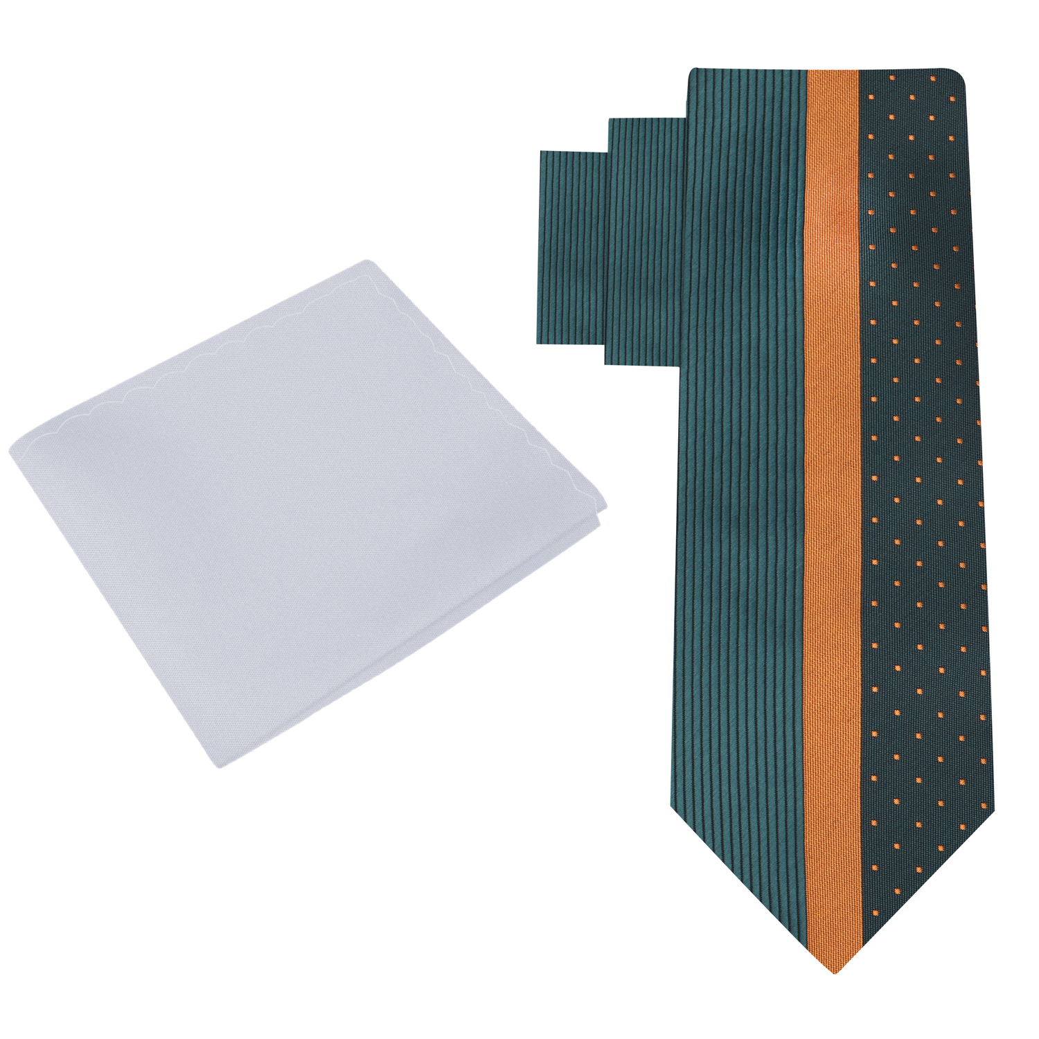 Alt View:  Deep Army Green, Gold Stripe Silk Necktie and Silver Pocket Square