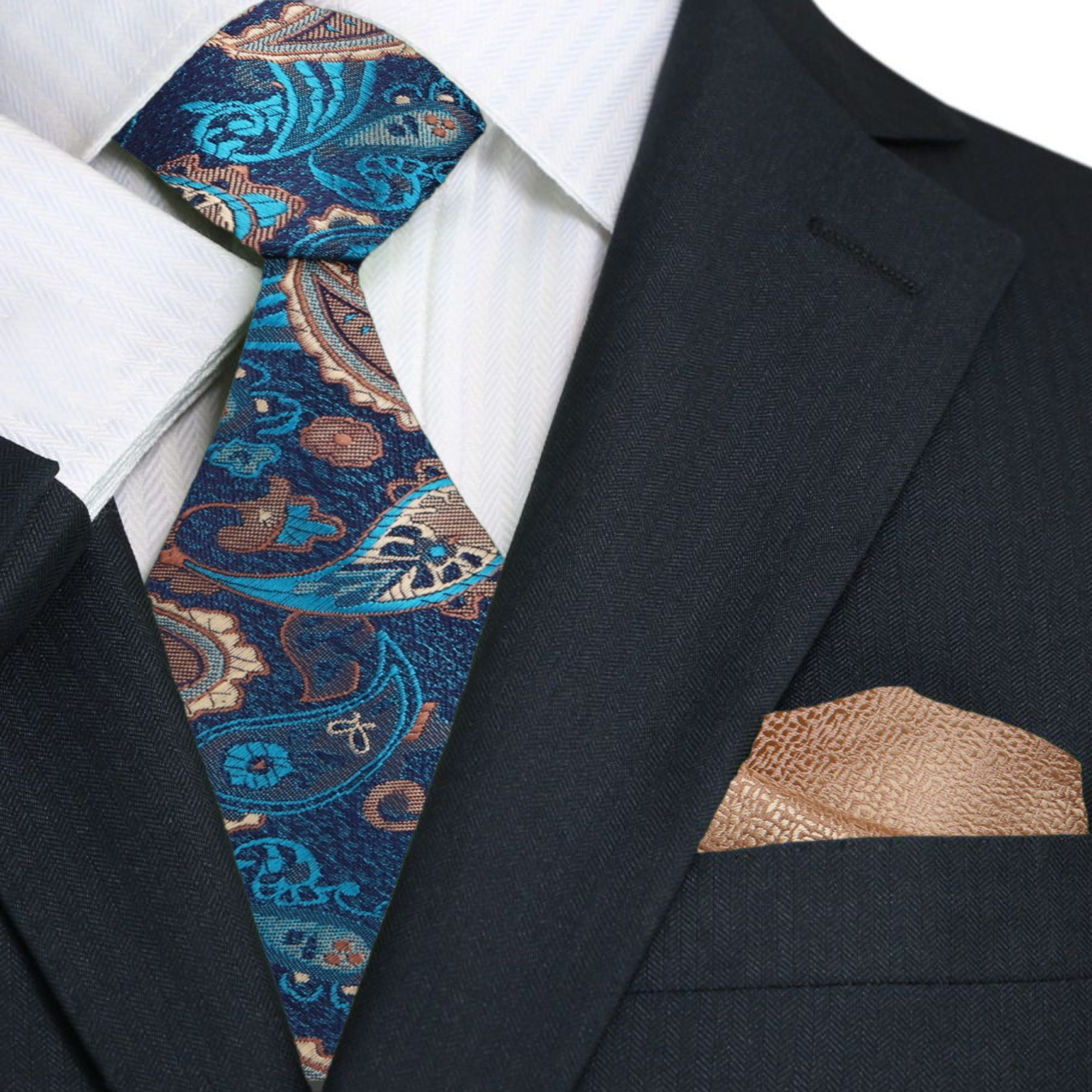 Main: A Rich Green, Brown, Tan Paisley Pattern Silk Necktie, Gold Pocket Square