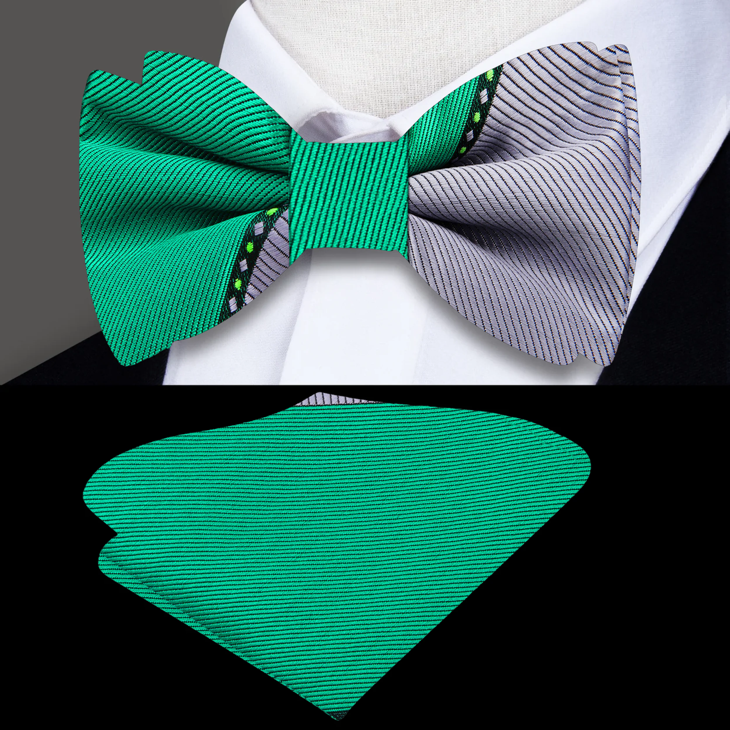 Main: Grey, Green Geometric Bow Tie and Pocket Square||Green, Grey, Black