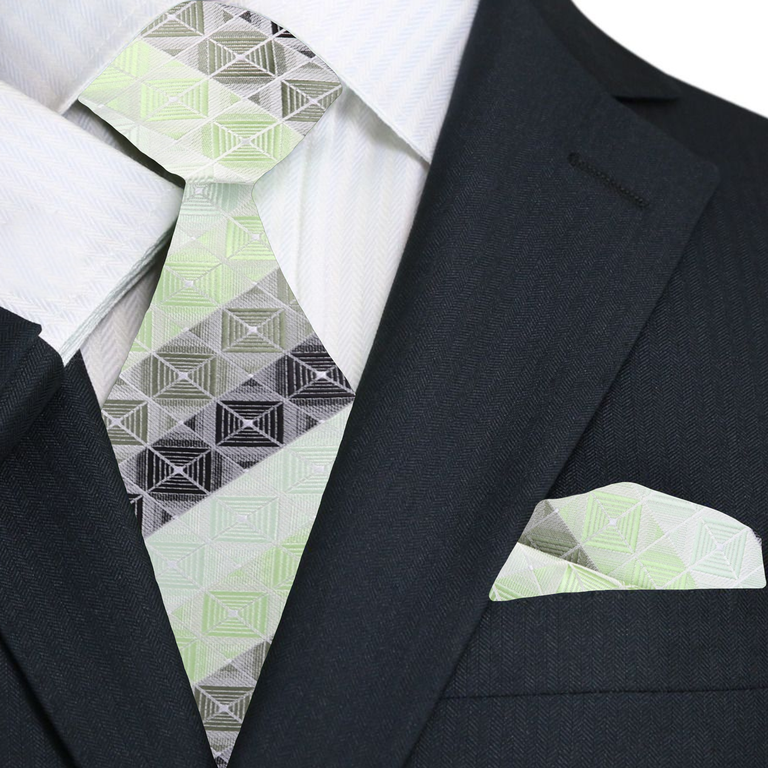 Premium Green Geometric Blocks Tie and Matching Square