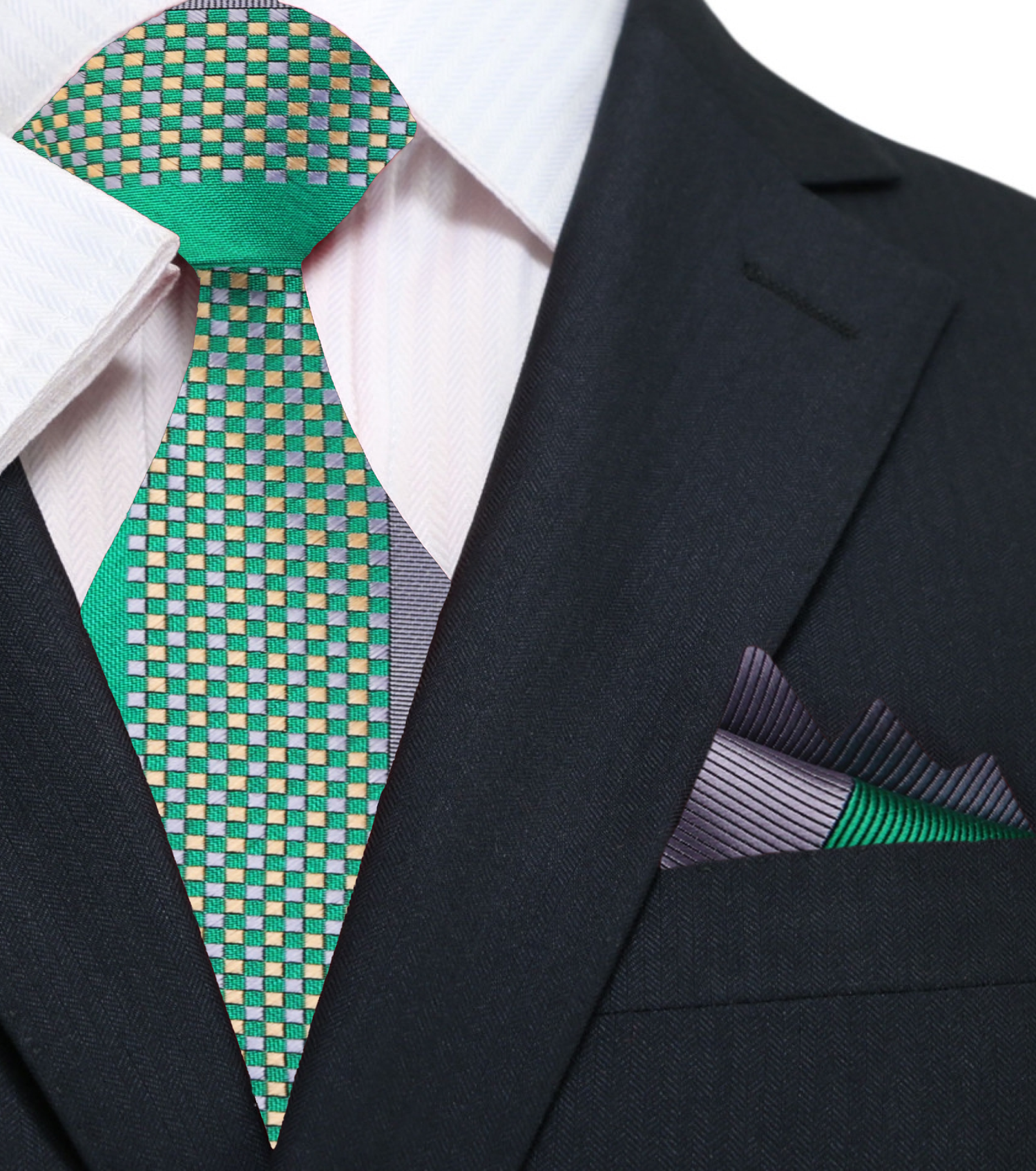 Main: Green and Grey Abstract Necktie with Grey and Green Abstract Pocket Square