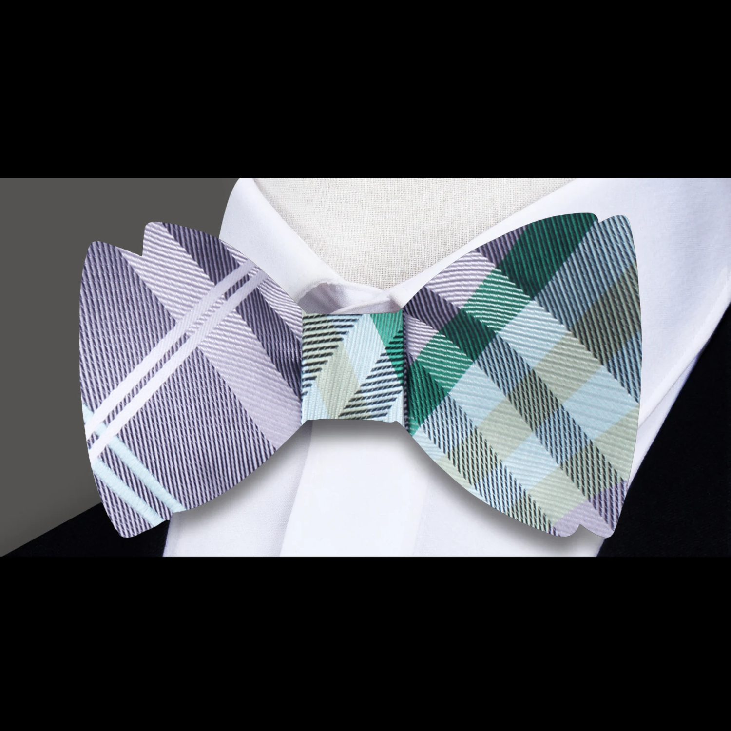 A Grey, Green, Black, White, Plaid Pattern Silk Pre Tied Bow Tie