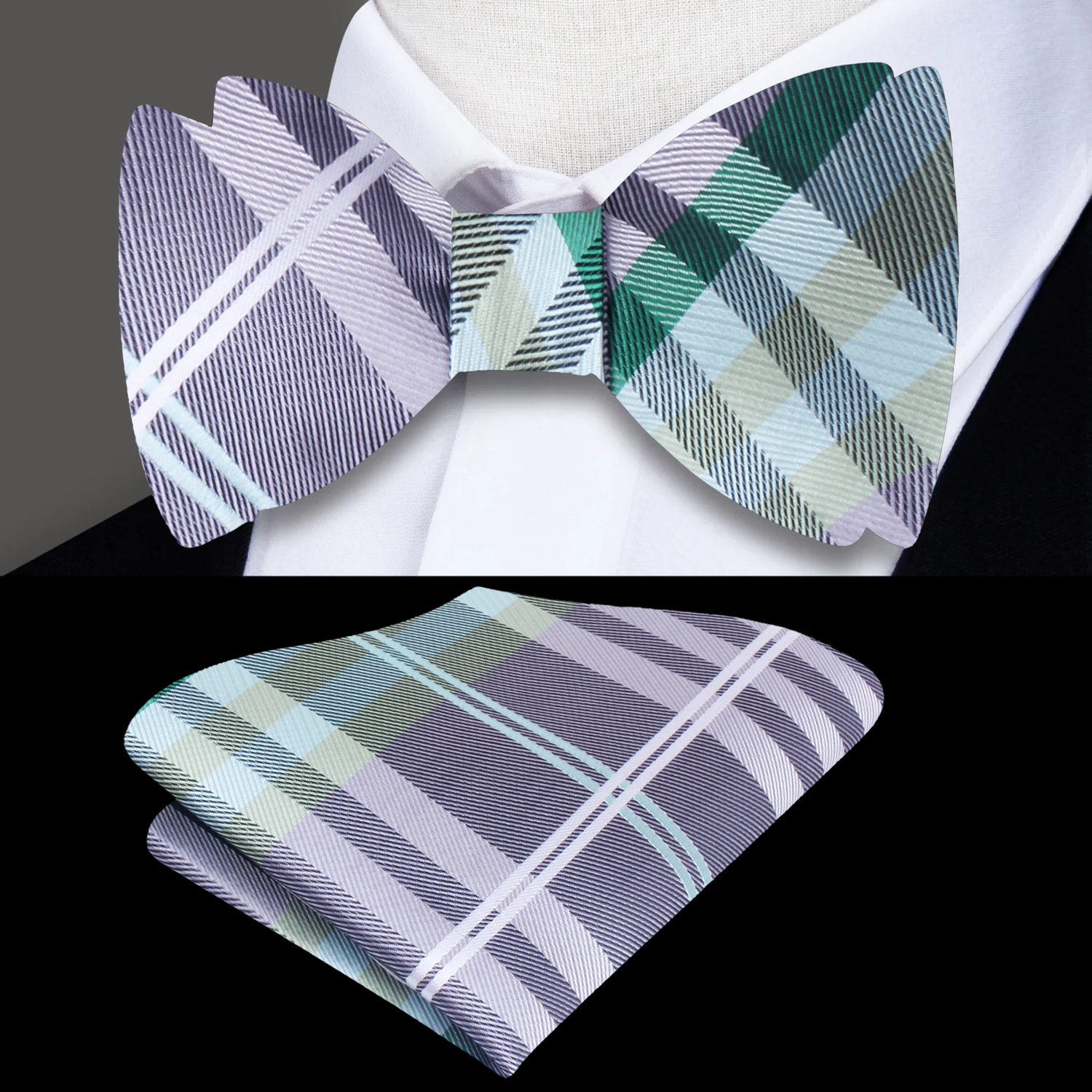 A Grey, Green, Black, White, Plaid Pattern Silk Self Tie Bow Tie and Square