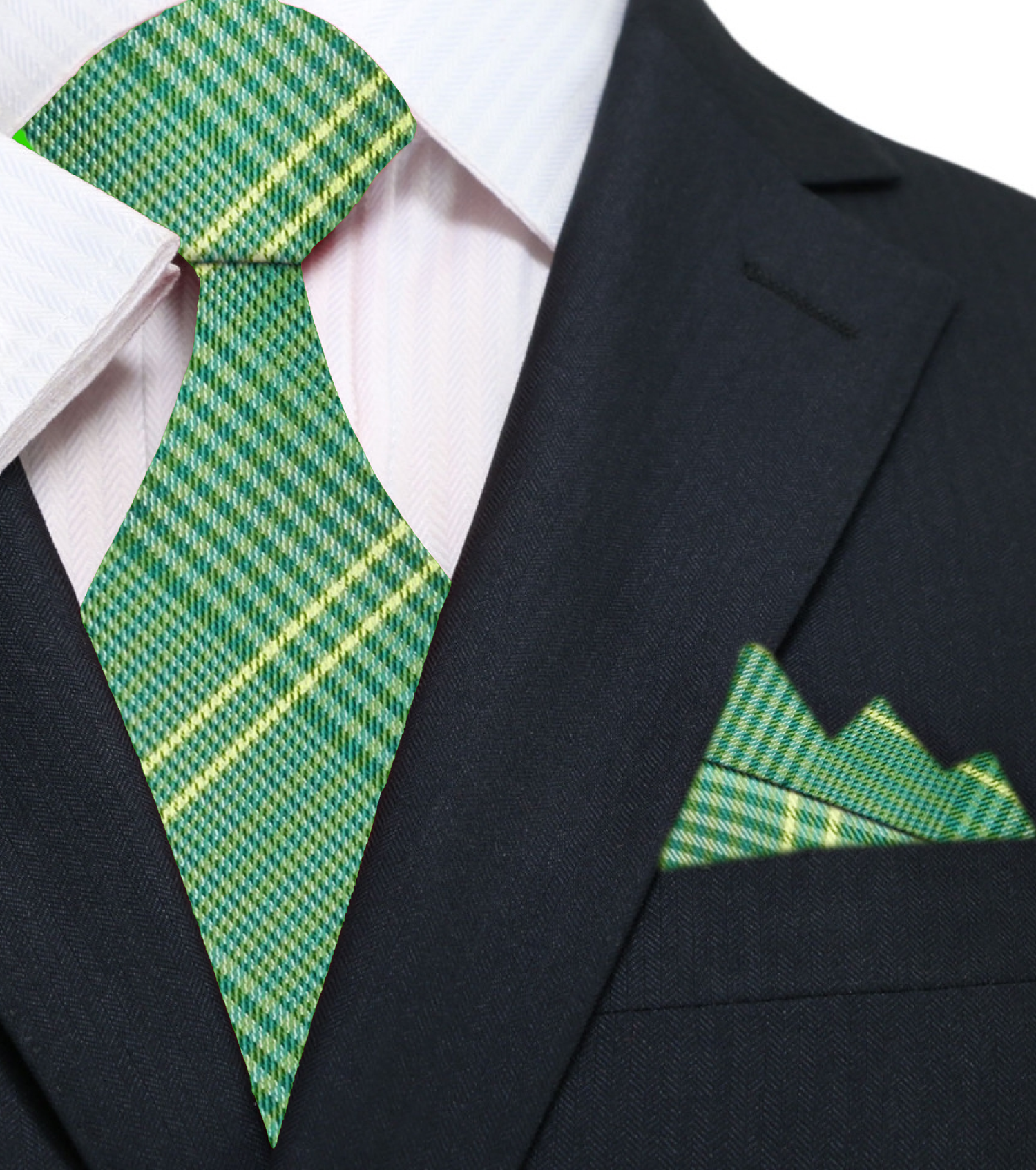Main: A Light Green, Green, Yellow Plaid Pattern Silk Necktie With Matching Pocket Square||Green, Yellow